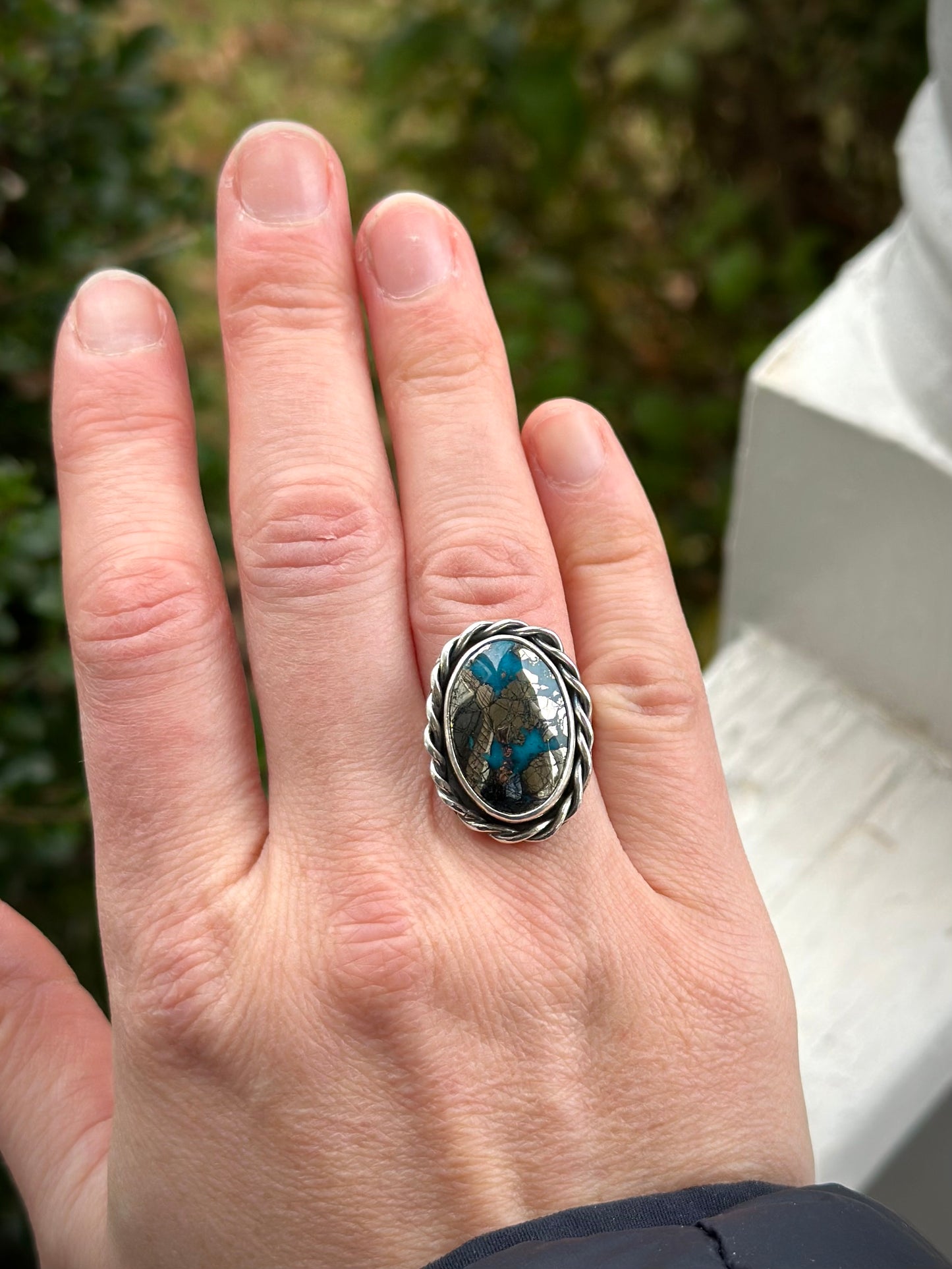 Morenci 2 Turquoise Twist Pyrite Loaded Ring in size 7