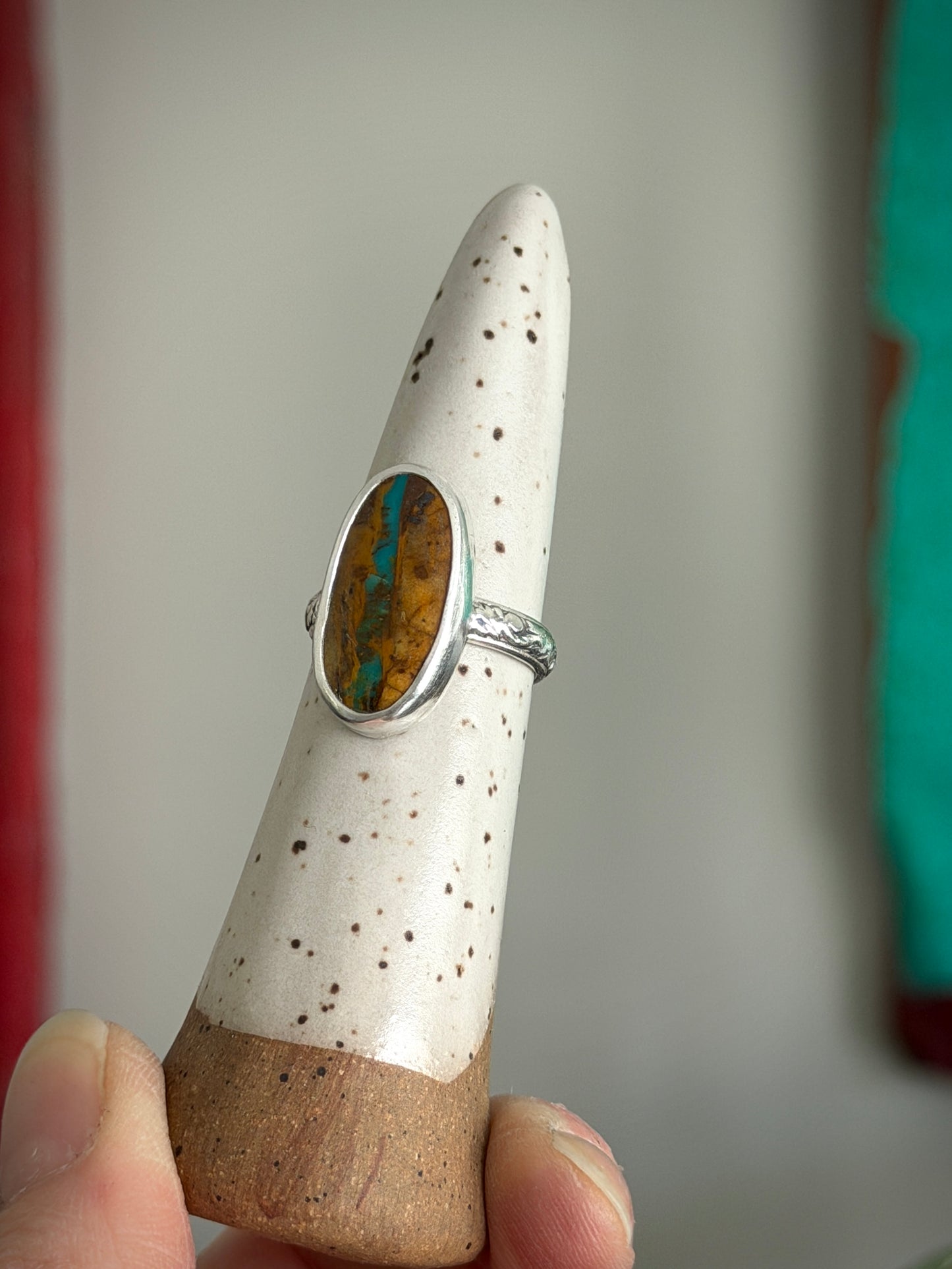 Green Royston Ribbon Turquoise Oval Ring in sizes 6.75 + 8.75