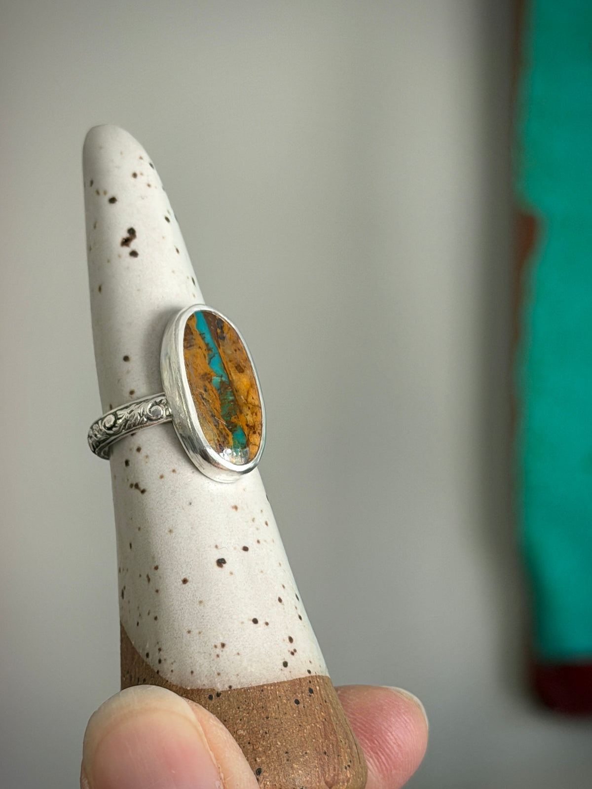 Green Royston Ribbon Turquoise Oval Ring in sizes 6.75 + 8.75