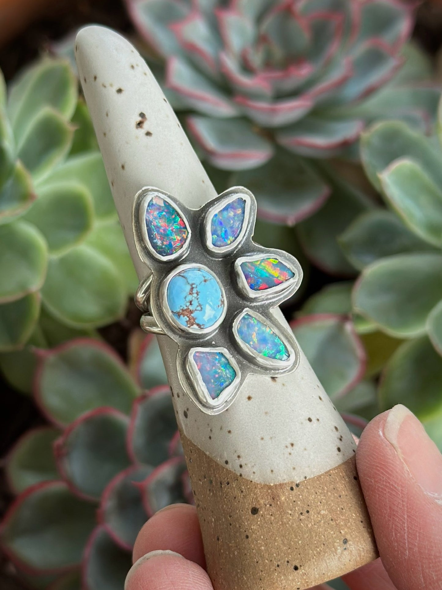 Coober Pedy Opal Half Flower Ring in size 7-3/4