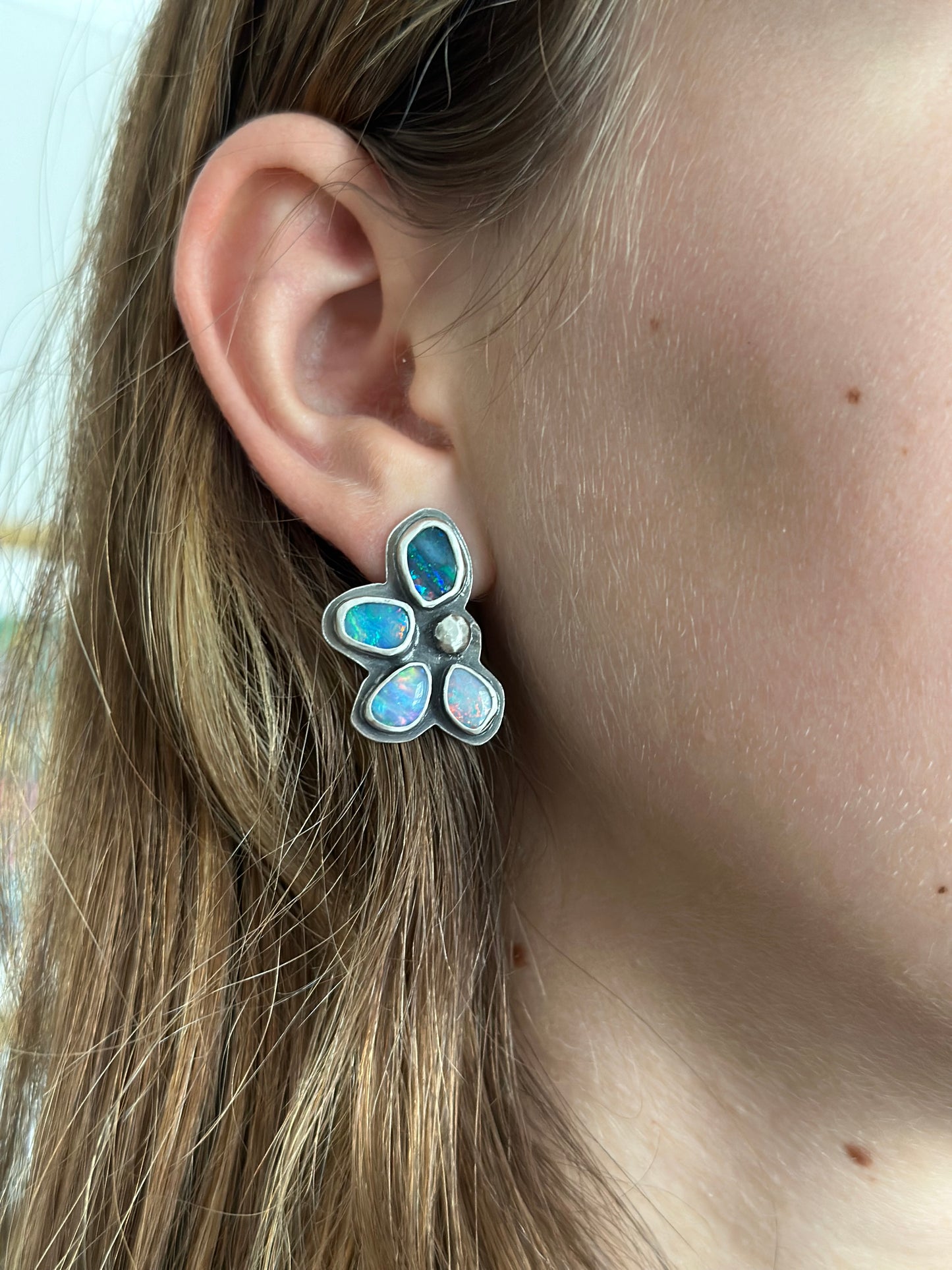 Flashy Half Flower Opal Stud Earrings with Tassels