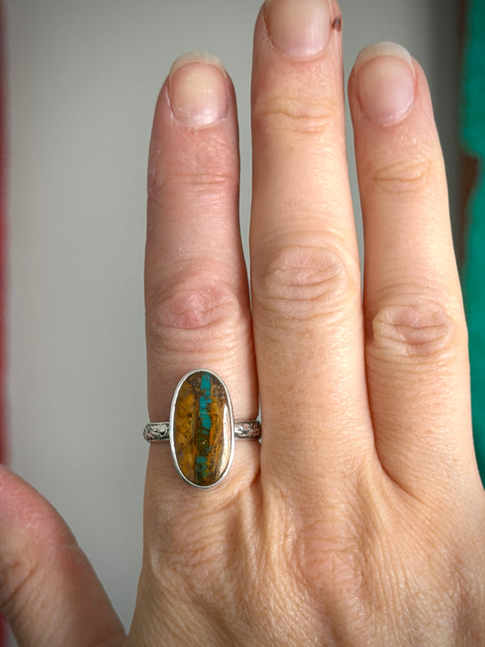 Green Royston Ribbon Turquoise Oval Ring in sizes 6.75 + 8.75
