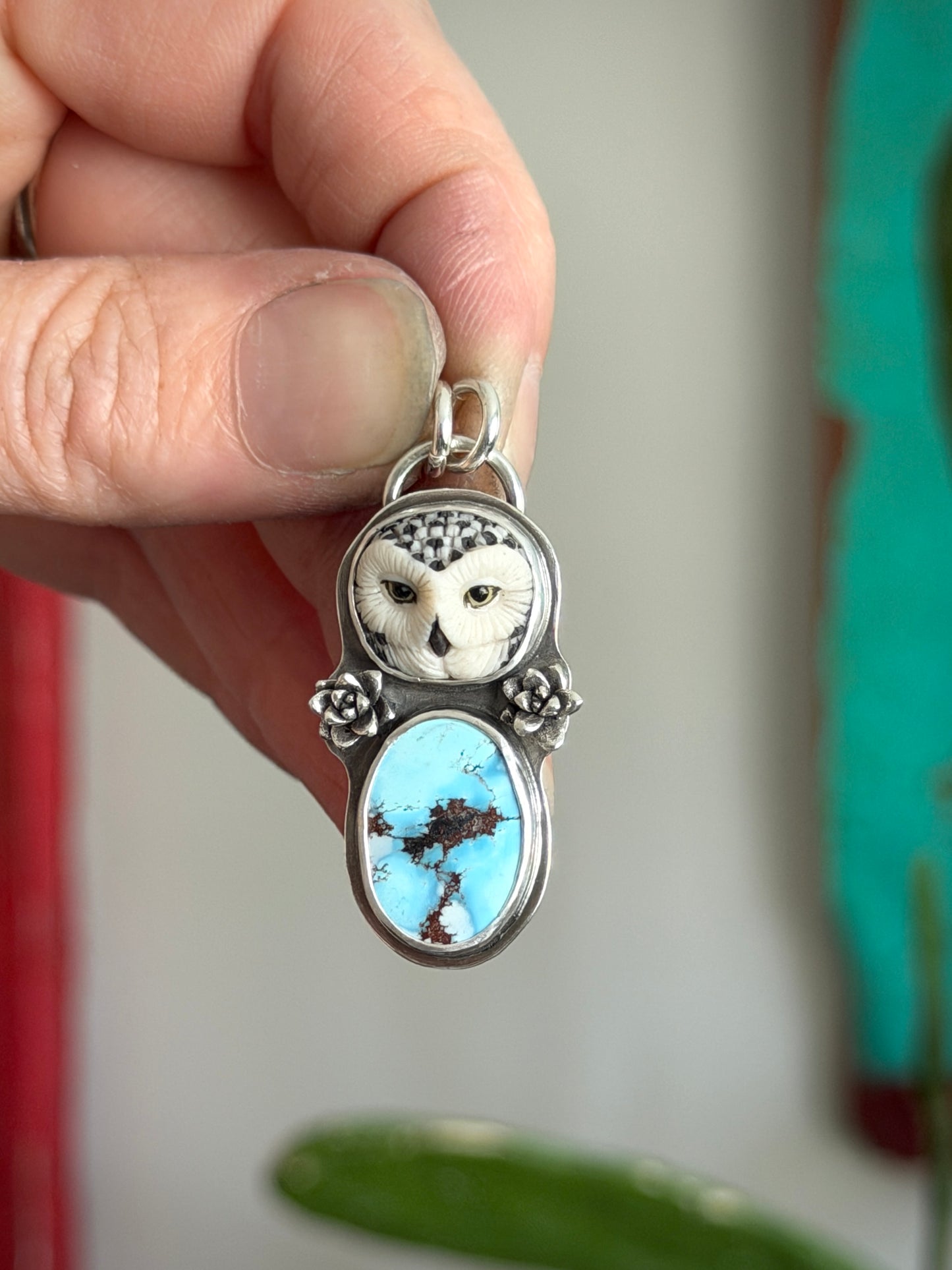 Golden Hills Turquoise Laura Mears Snowy Owl Pendant with Succulents