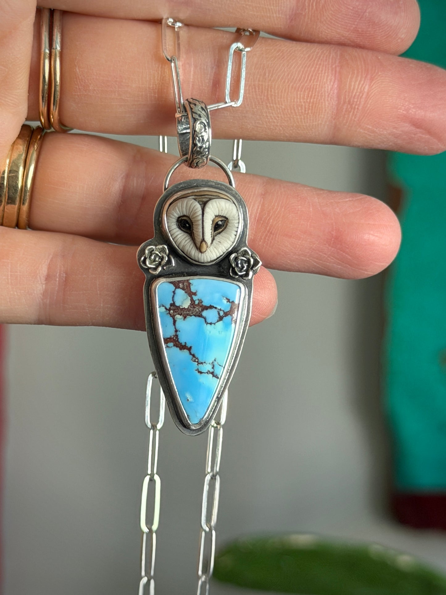 Golden Hills Turquoise Laura Mears Owl Pendant with Succulents