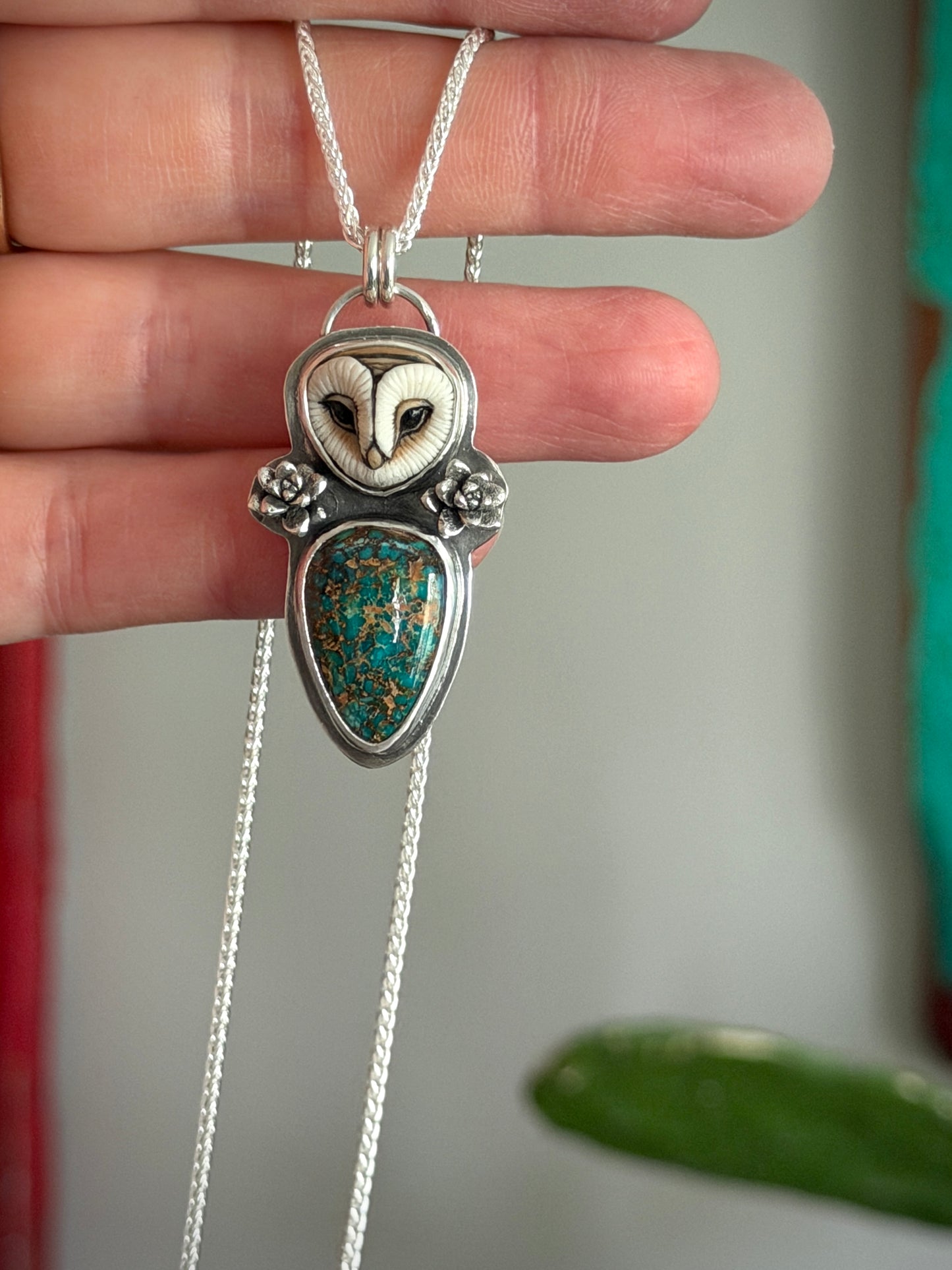Patagonia Turquoise Laura Mears Owl Pendant with Succulents in Green
