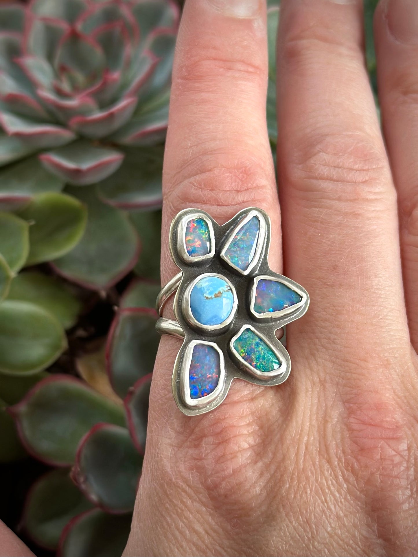 Coober Pedy Opal Half Flower Ring in size 8-1/2