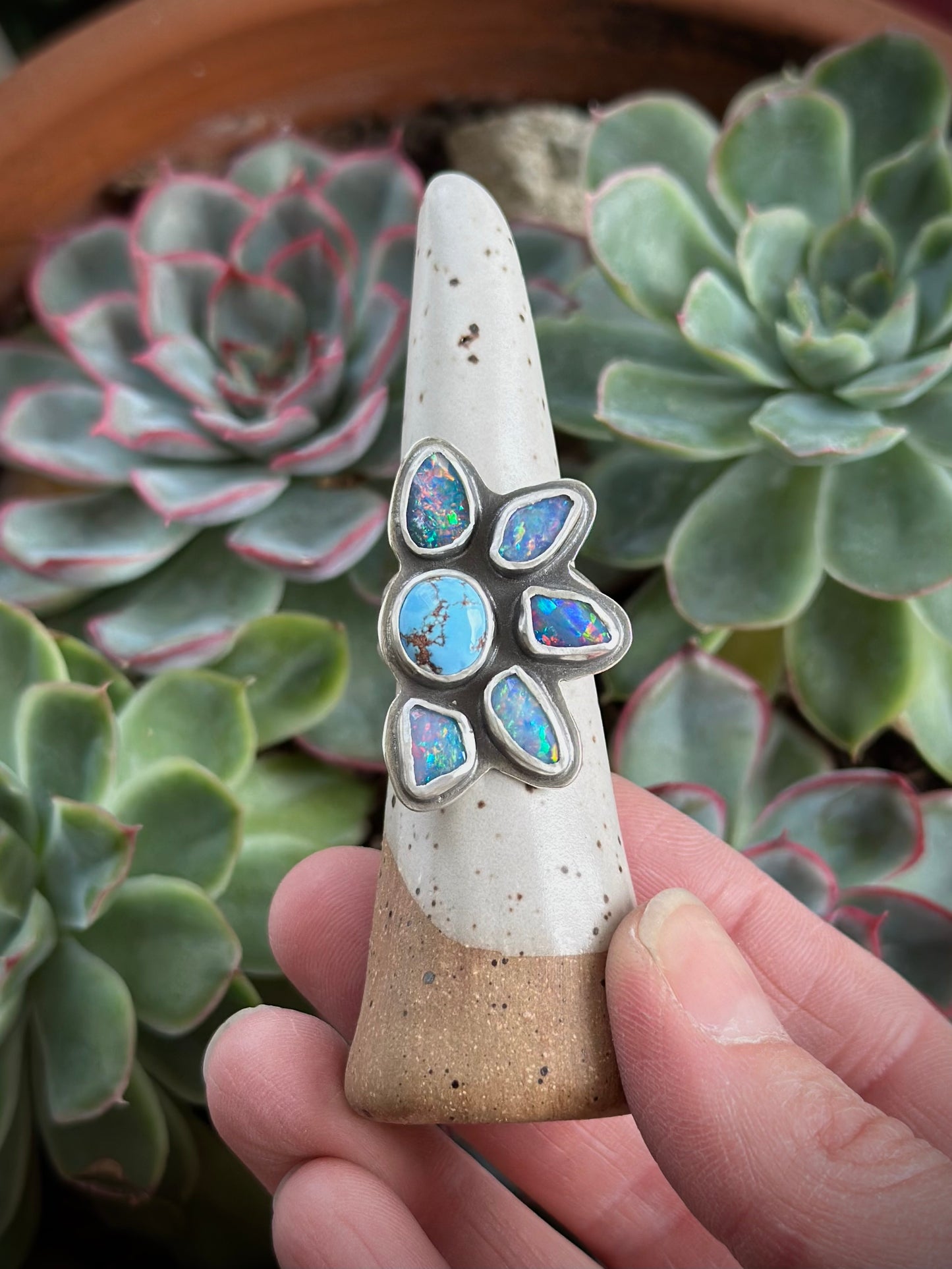 Coober Pedy Opal Half Flower Ring in size 7-3/4