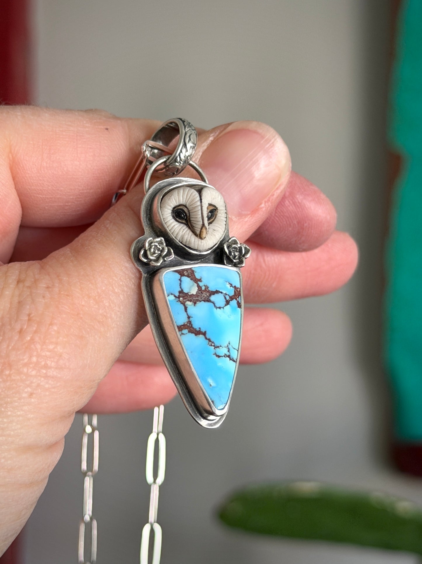 Golden Hills Turquoise Laura Mears Owl Pendant with Succulents