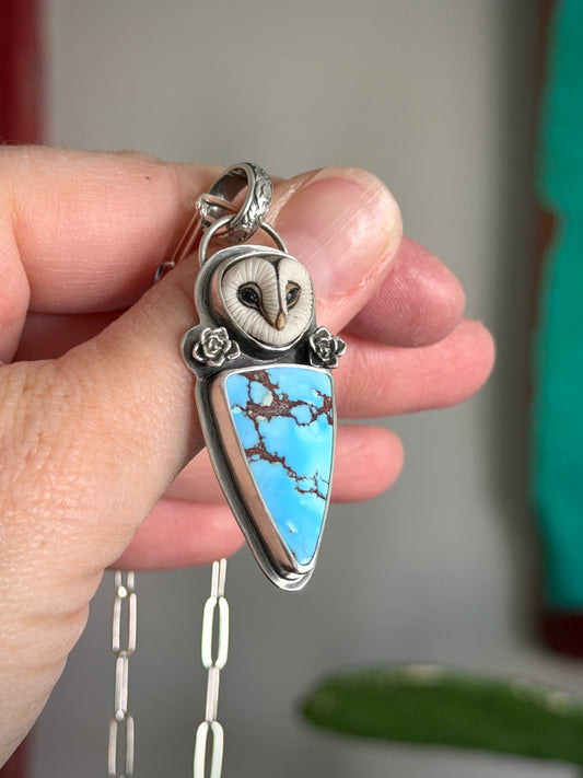 Golden Hills Turquoise Laura Mears Owl Pendant with Succulents