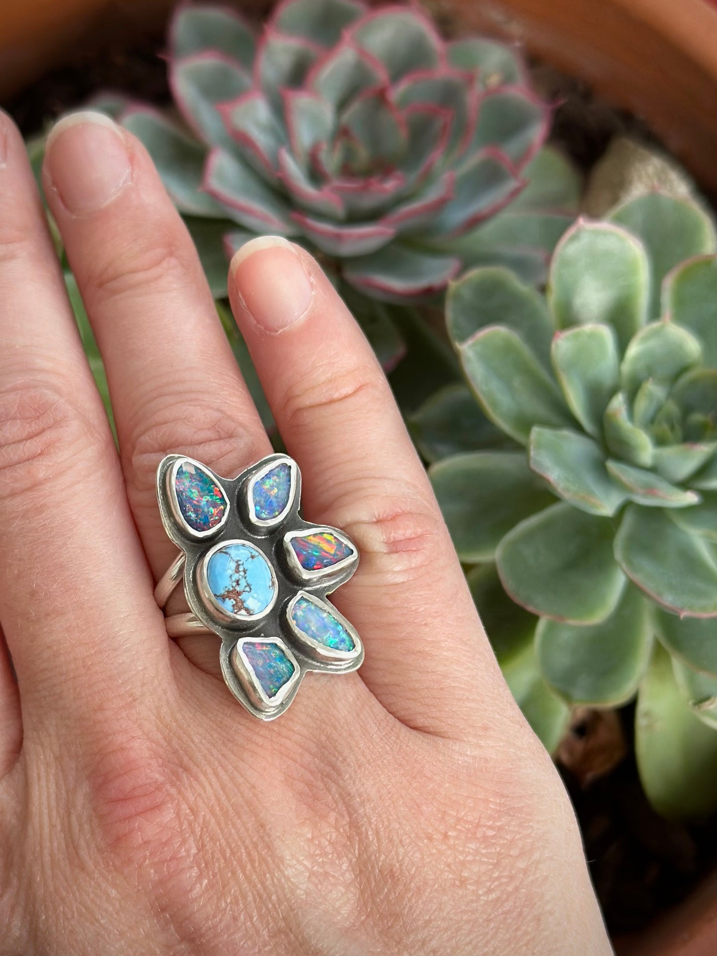 Coober Pedy Opal Half Flower Ring in size 7-3/4