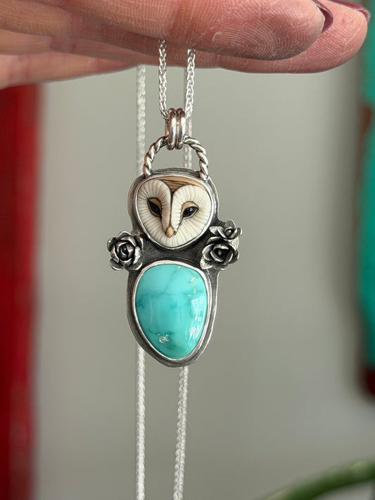 Natural Fox Turquoise Laura Mears Owl Pendant with Succulents