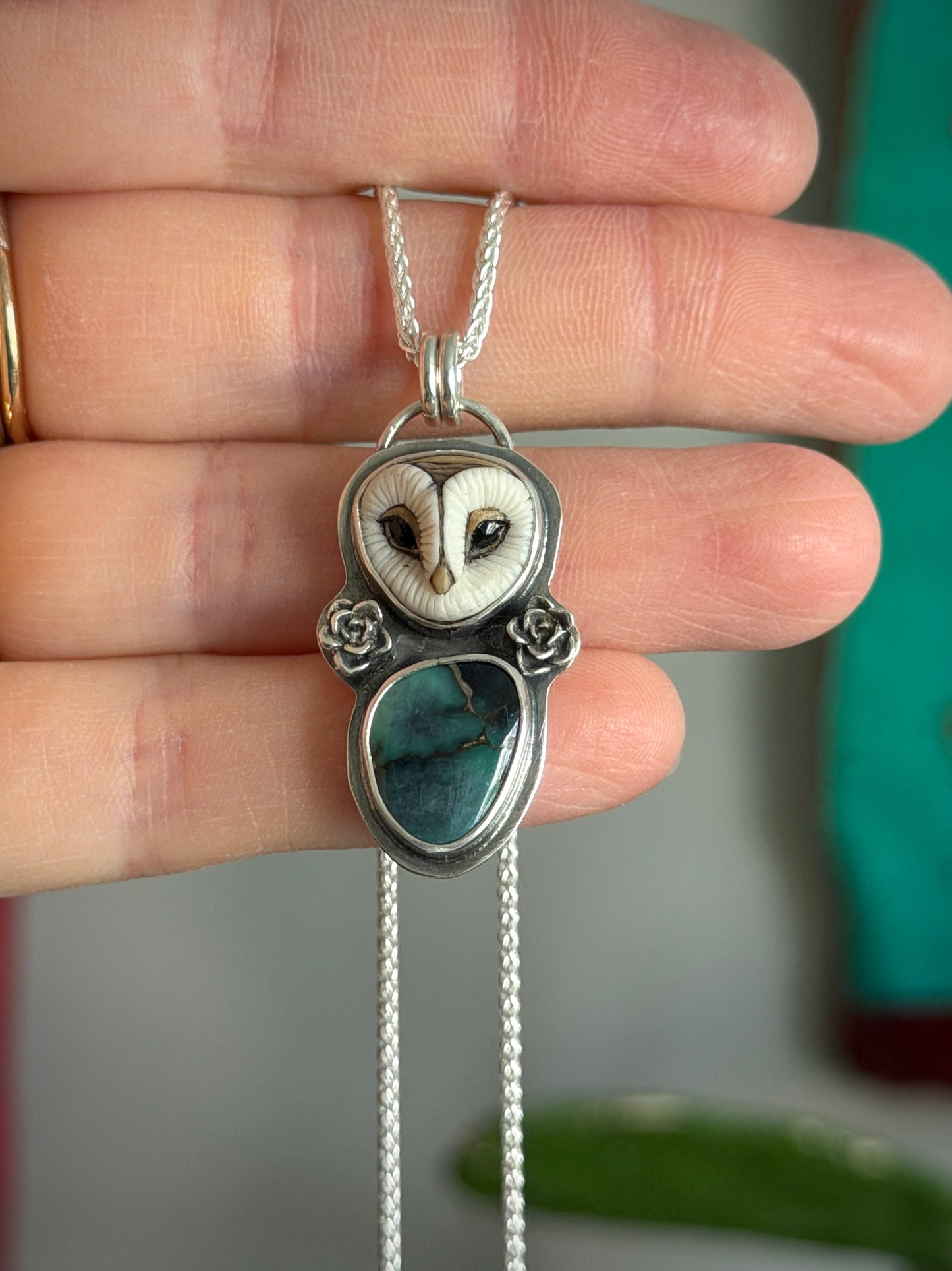Laura Mears Owl Pendant with Blueboy Variscite + Succulents