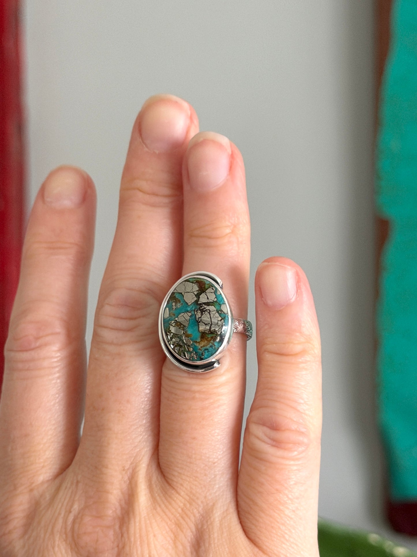 Morenci 2 Turquoise Ring with Pyrite size 6.25