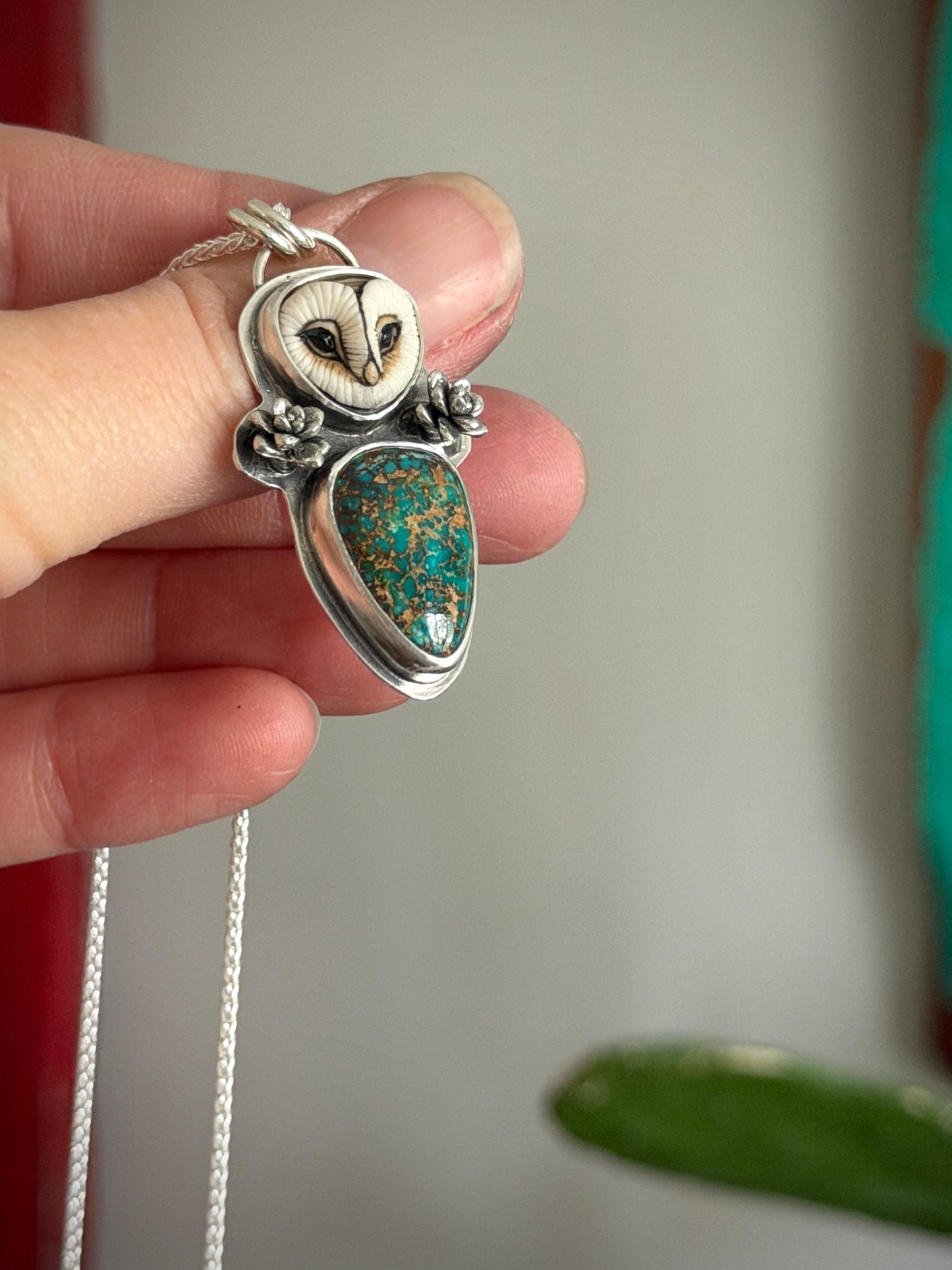Patagonia Turquoise Laura Mears Owl Pendant with Succulents in Green