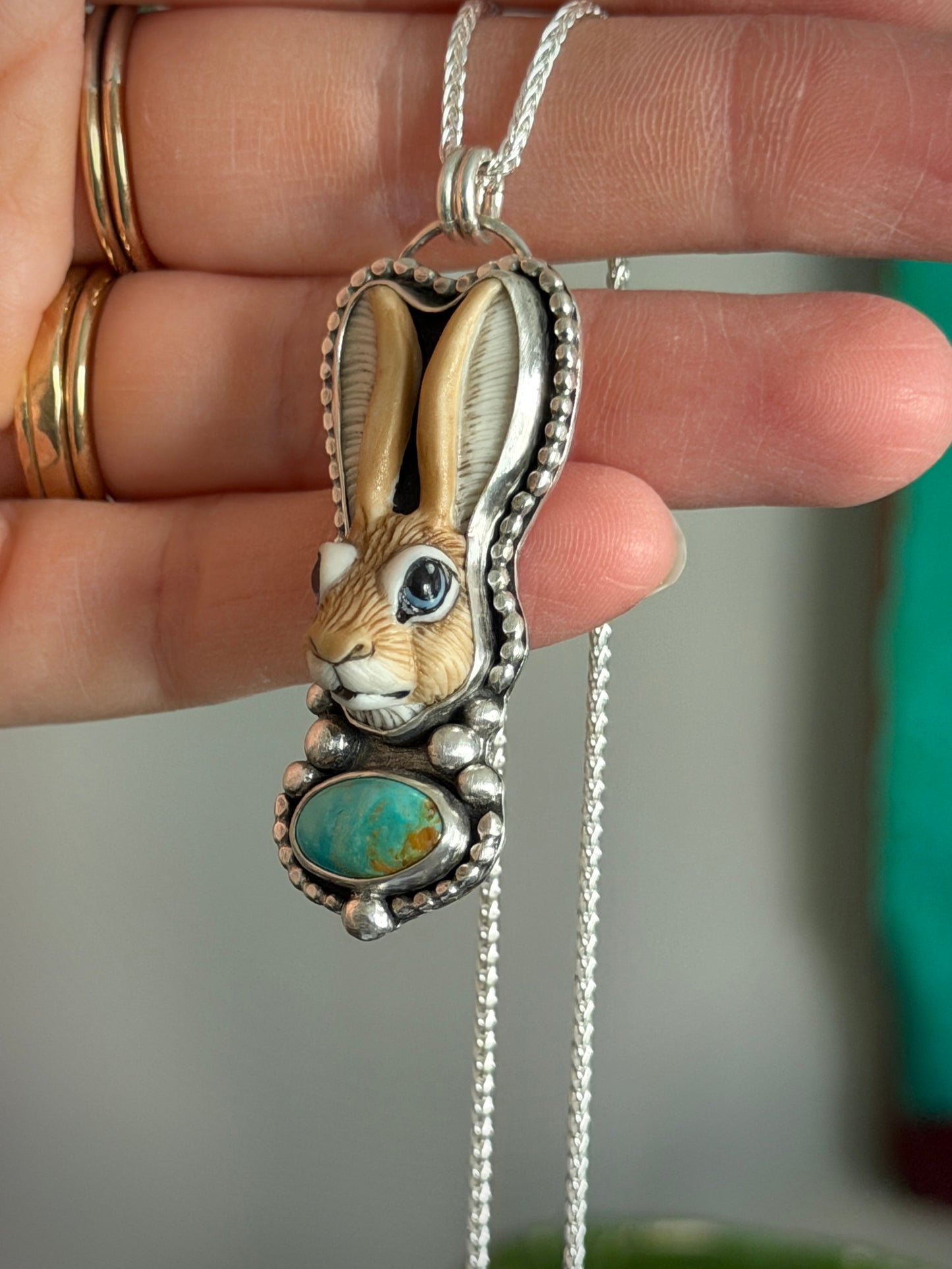 Laura Mears Bunny Pendant with Easter Blue Turquoise + Succulents