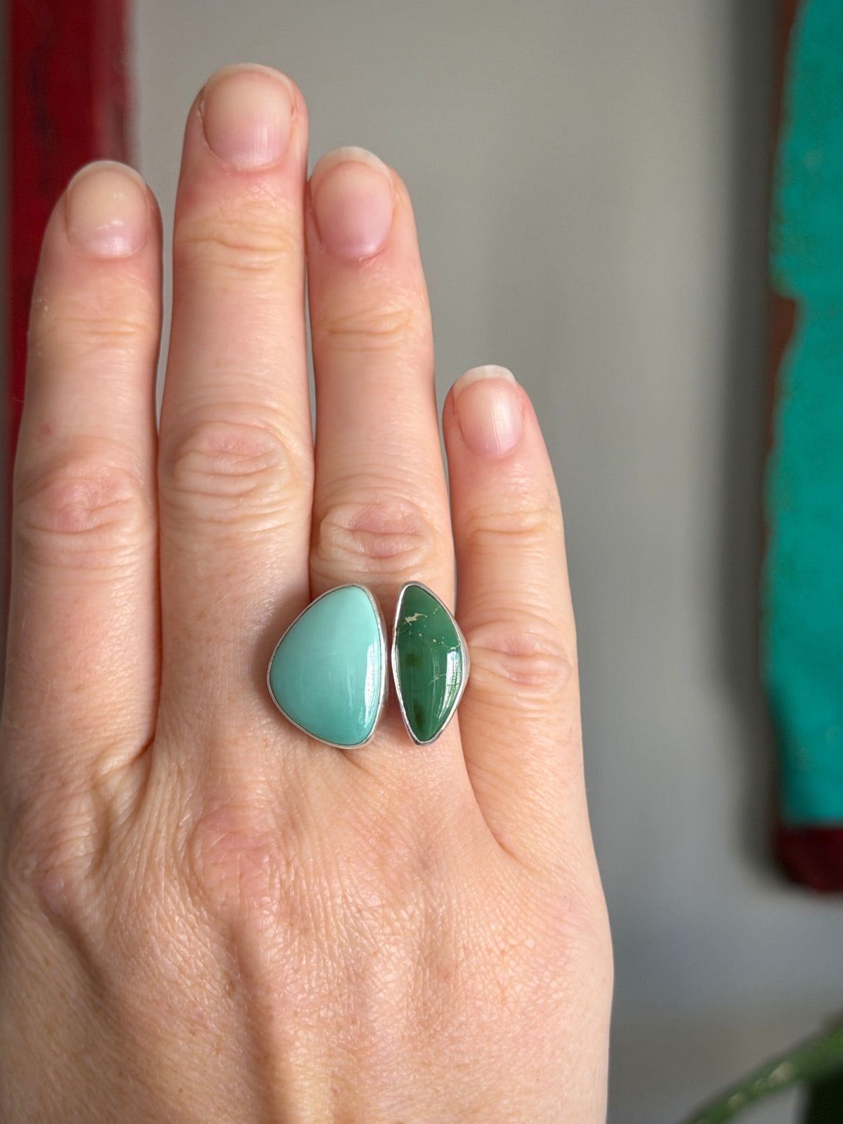 Desert Bloom Variscite + Royston Turquoise Semi Adjustable Ring size 8.25