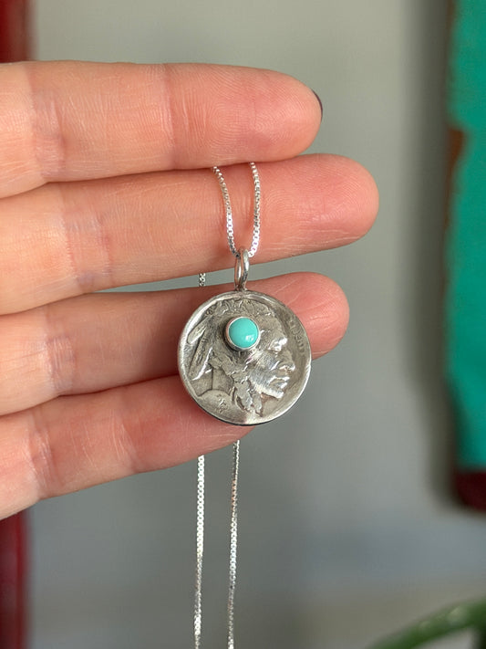 Indian Head Buffalo Nickel Fox Turquoise Necklace 1923