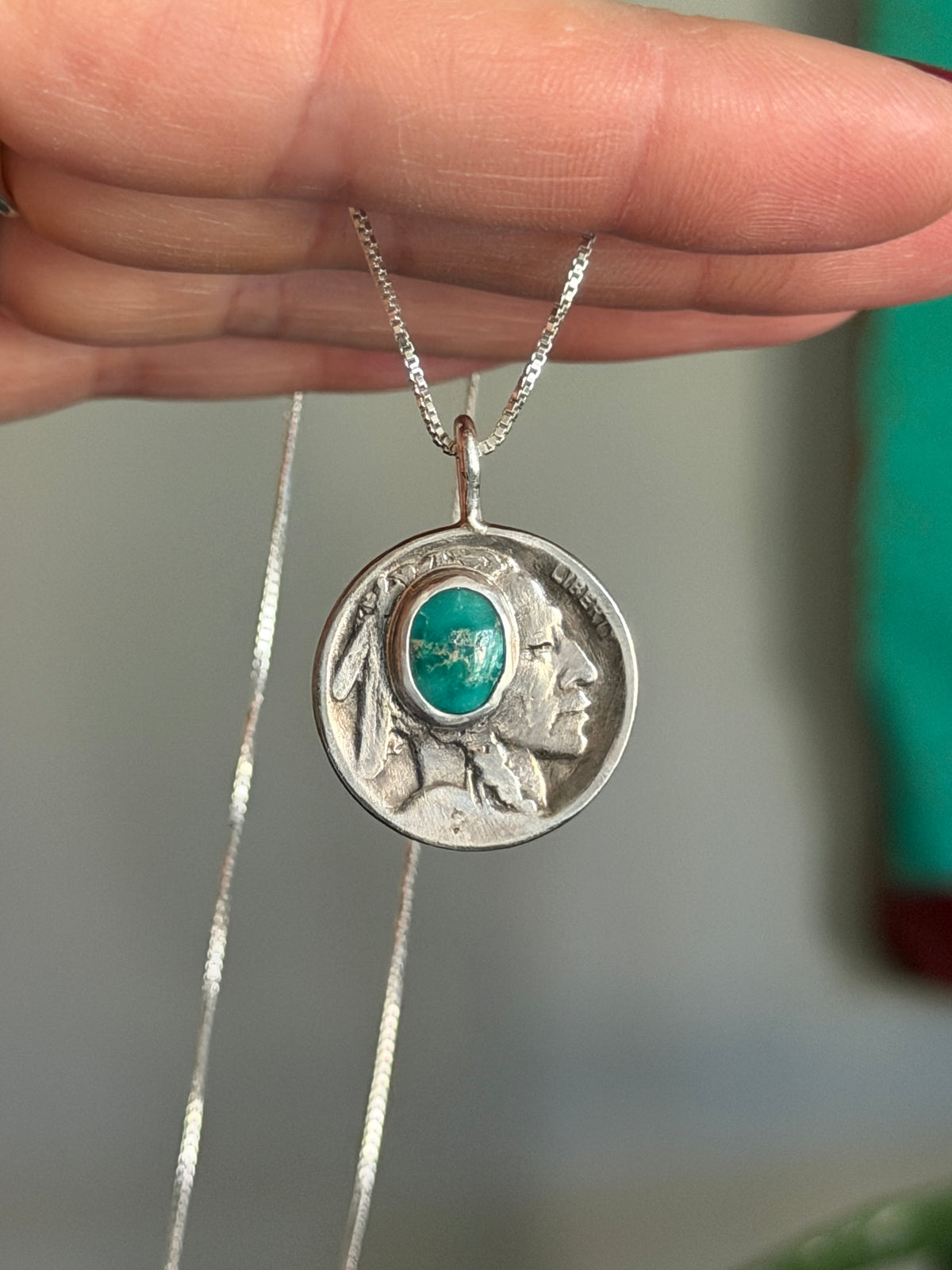 Indian Head Buffalo Nickel Emerald Valley Turquoise Necklace 1923