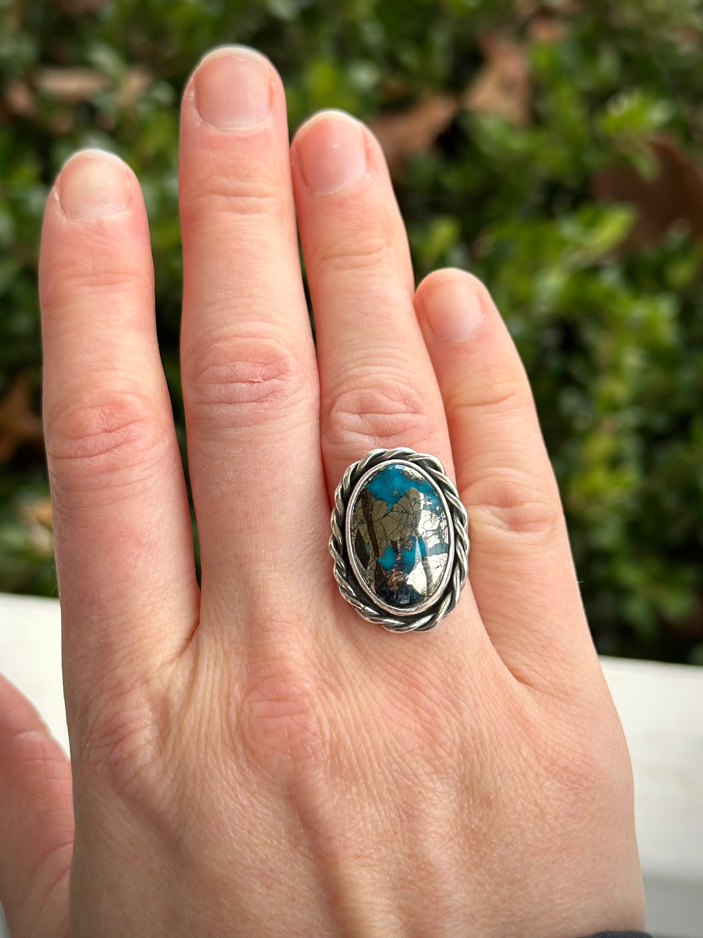 Morenci 2 Turquoise Twist Pyrite Loaded Ring in size 7