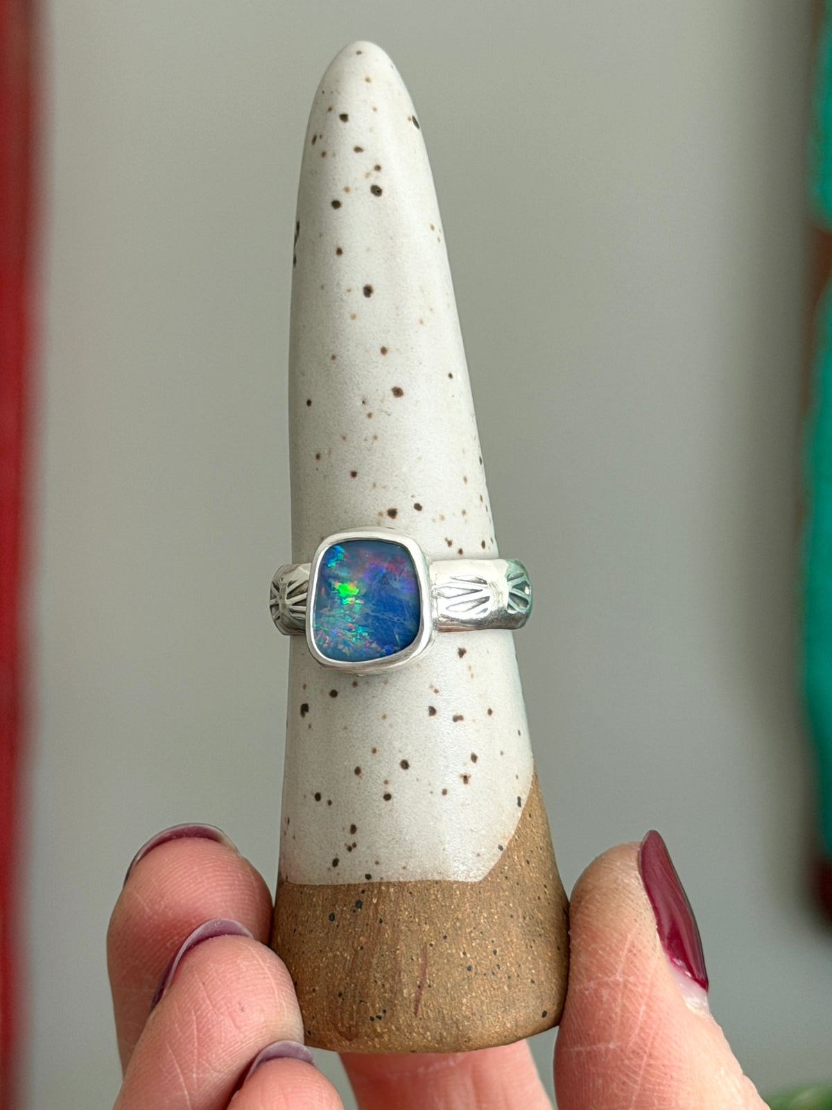 Coober Pedy Opal Ring Square size 9.25 STAMPED BAND