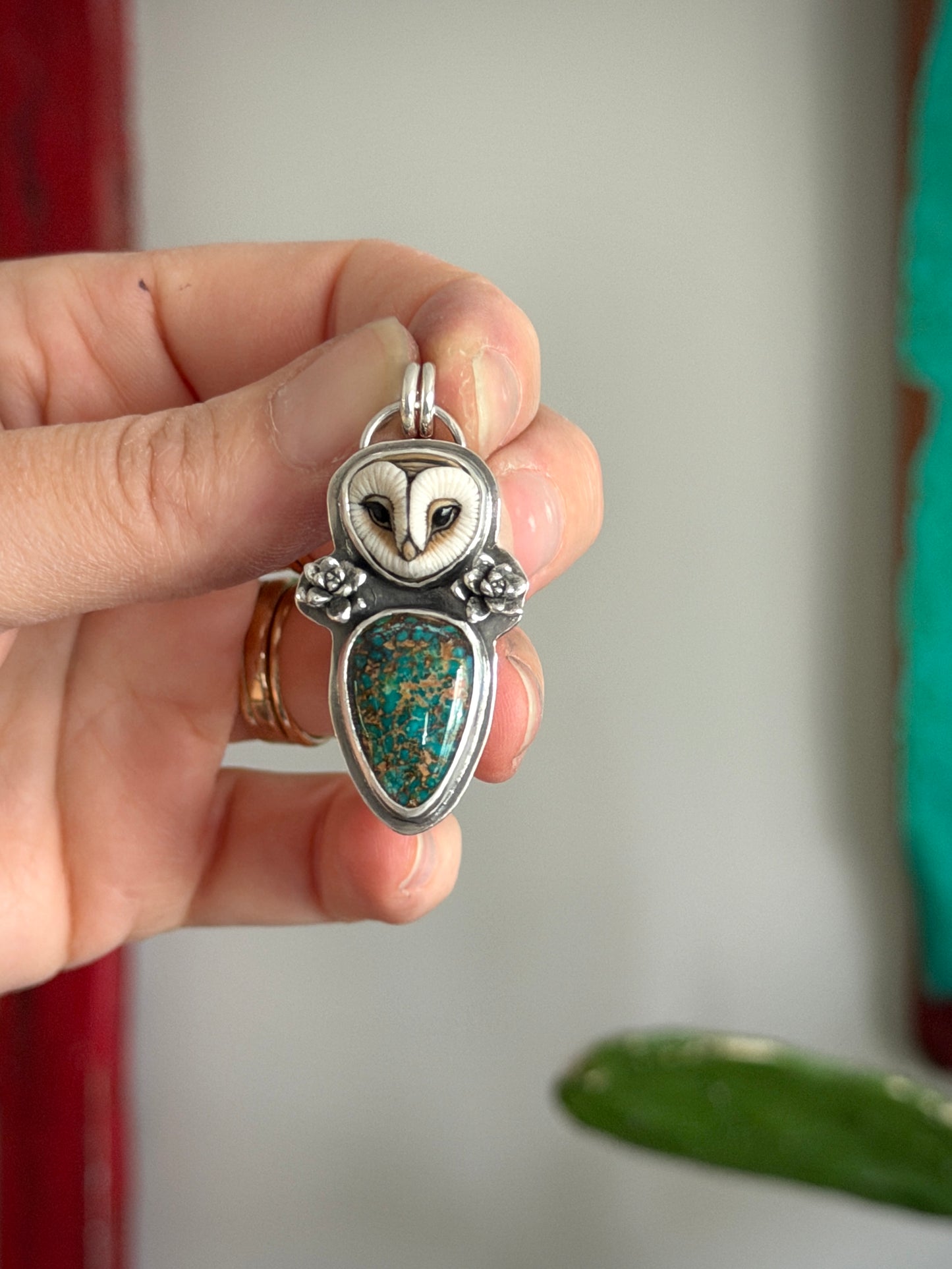 Patagonia Turquoise Laura Mears Owl Pendant with Succulents in Green