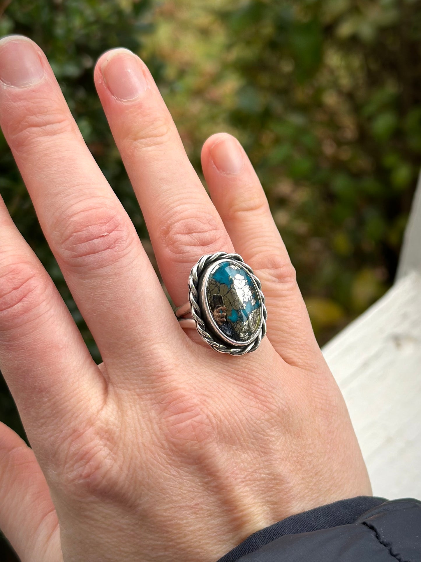 Morenci 2 Turquoise Twist Pyrite Loaded Ring in size 7