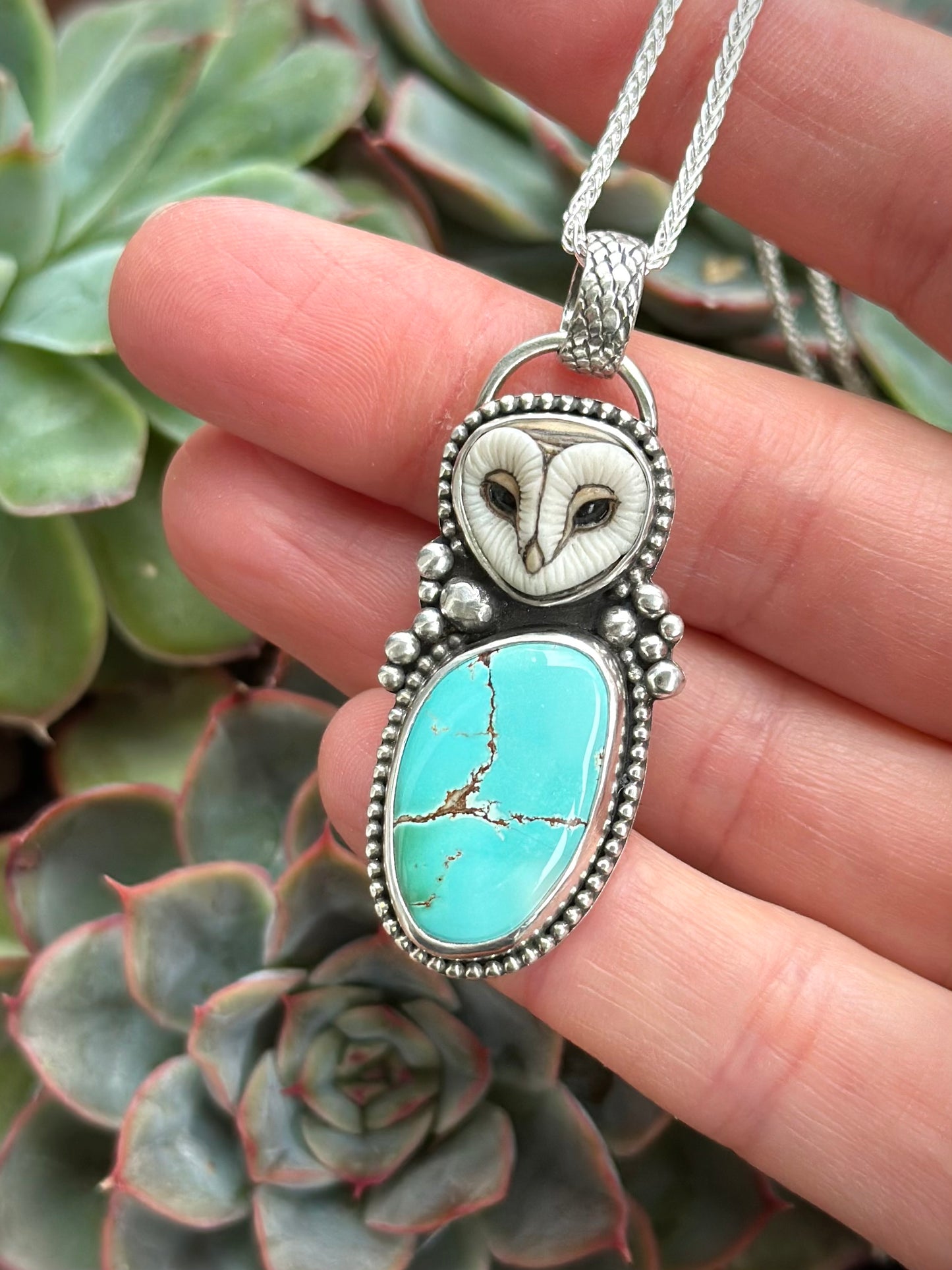 Royston Turquoise + Laura Mears Owl Face Pendant