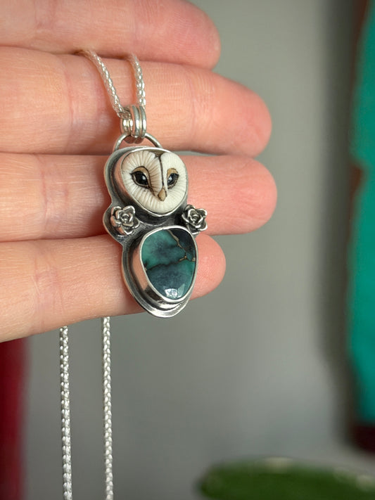 Laura Mears Owl Pendant with Blueboy Variscite + Succulents