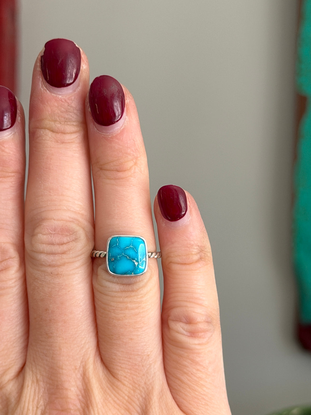 Bluebird Turquoise Square Twist Ring in size 6