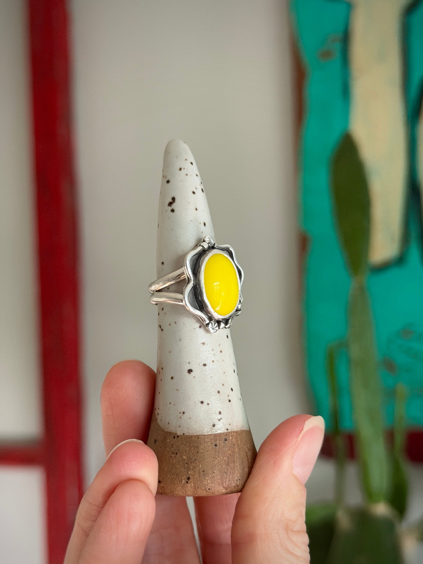 Yellow Rosarita Slag Glass Ring Gothic Vibes in size 6.75