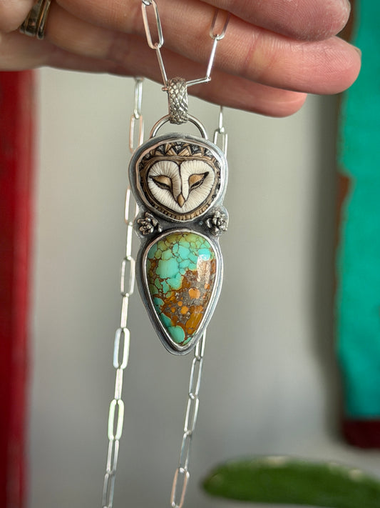 Laura Mears Sleeping Owl Pendant with Thunderbird Turquoise
