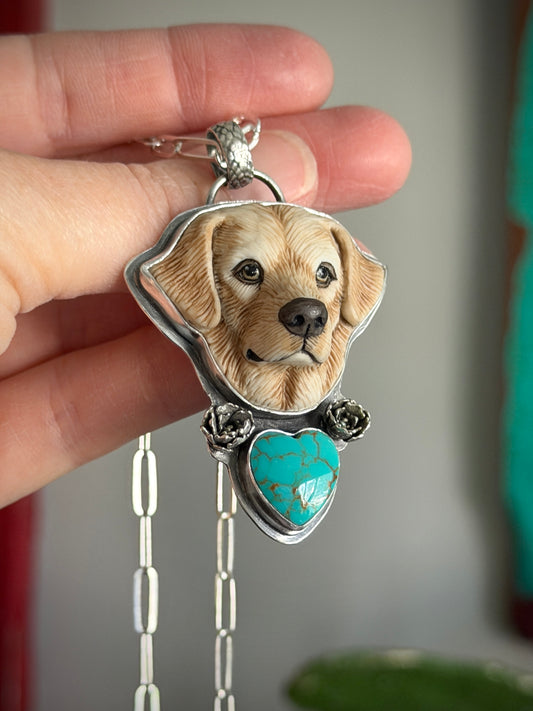 Laura Mears Golden Retriever Labrador Pendant with Heart + Succulents