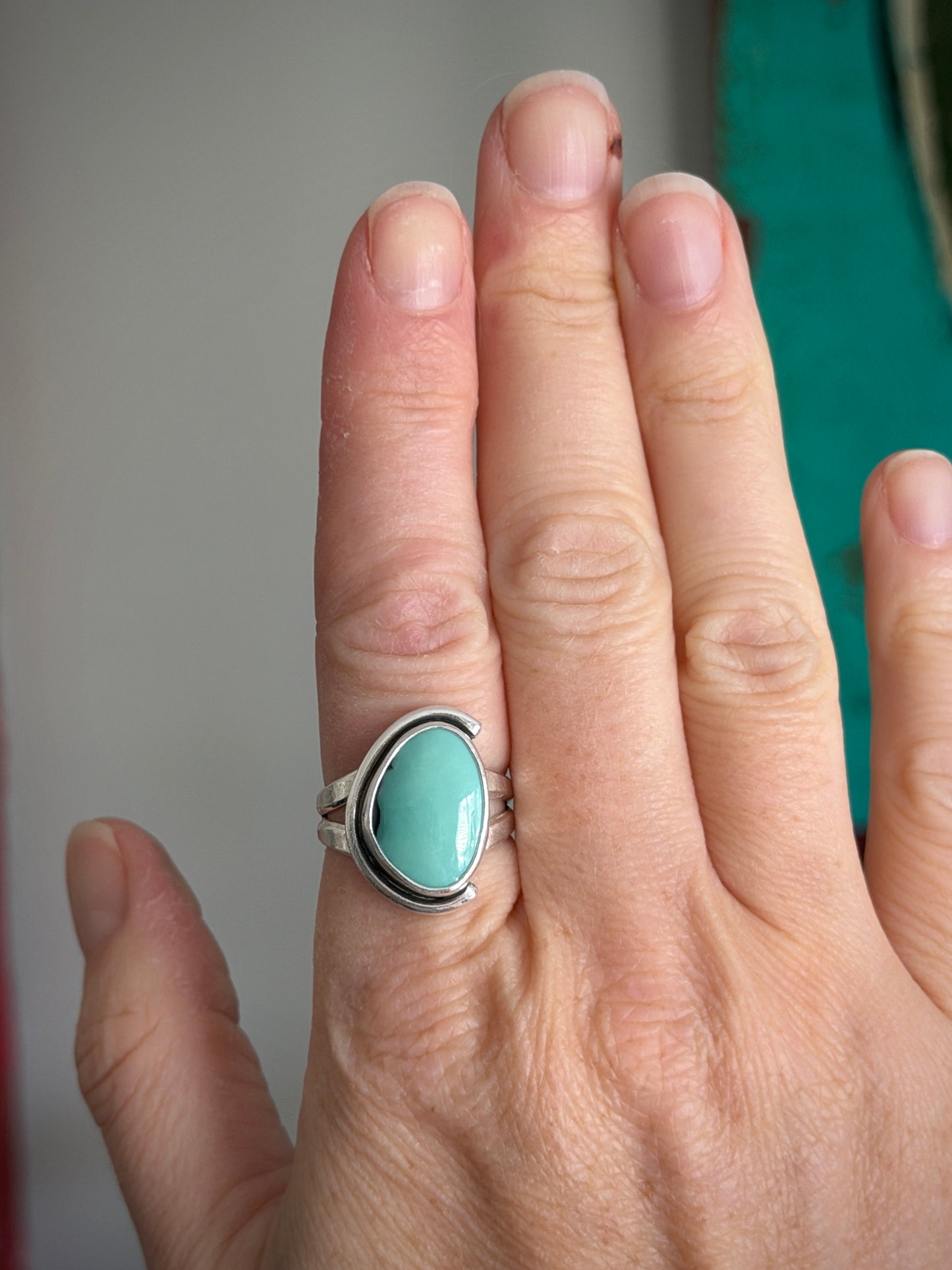 Desert Bloom Variscite Art Deco Ring size 8.5 STAMPED BAND