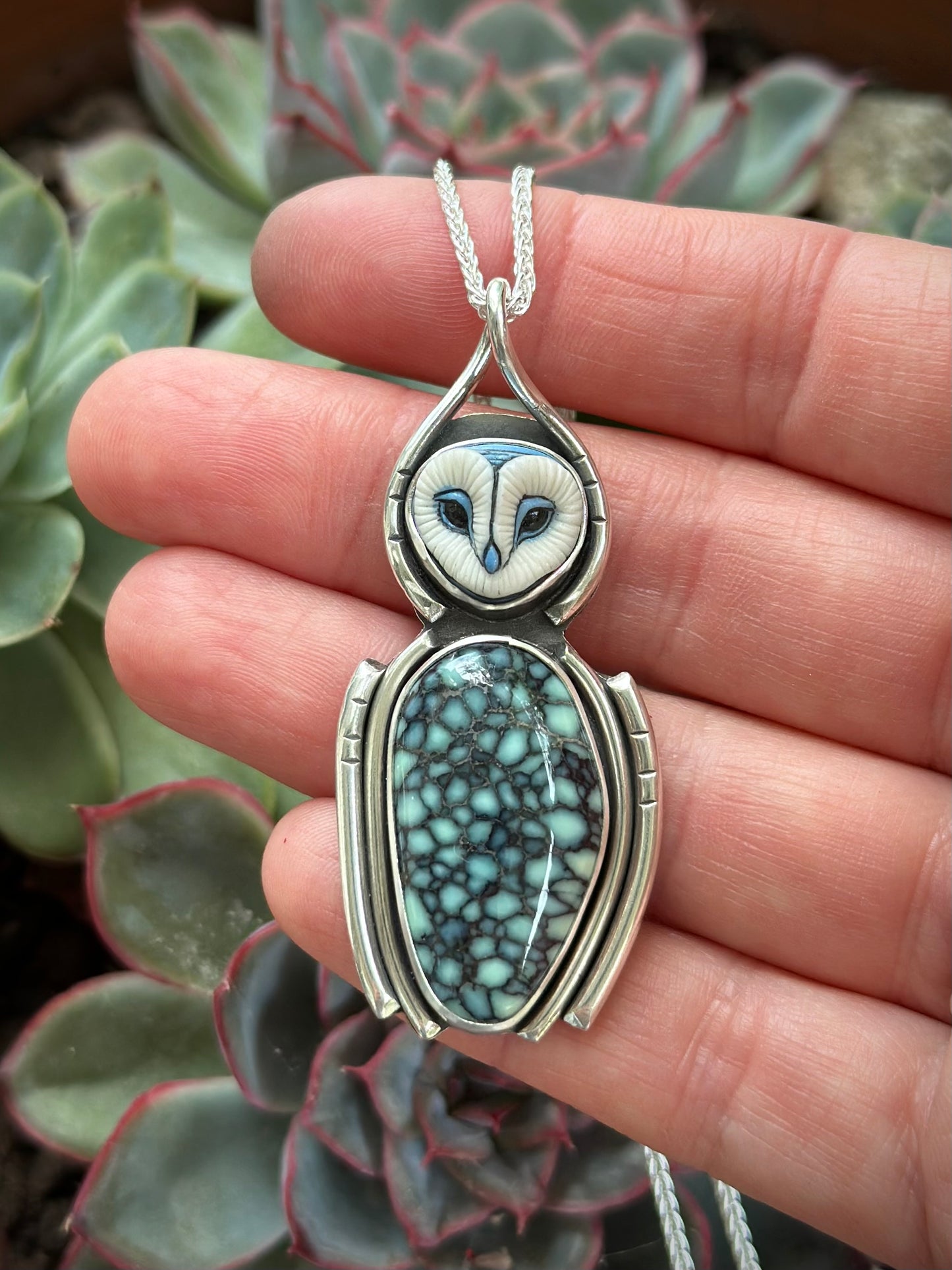 New Lander Variscite Laura Mears Owl Pendant in Blue