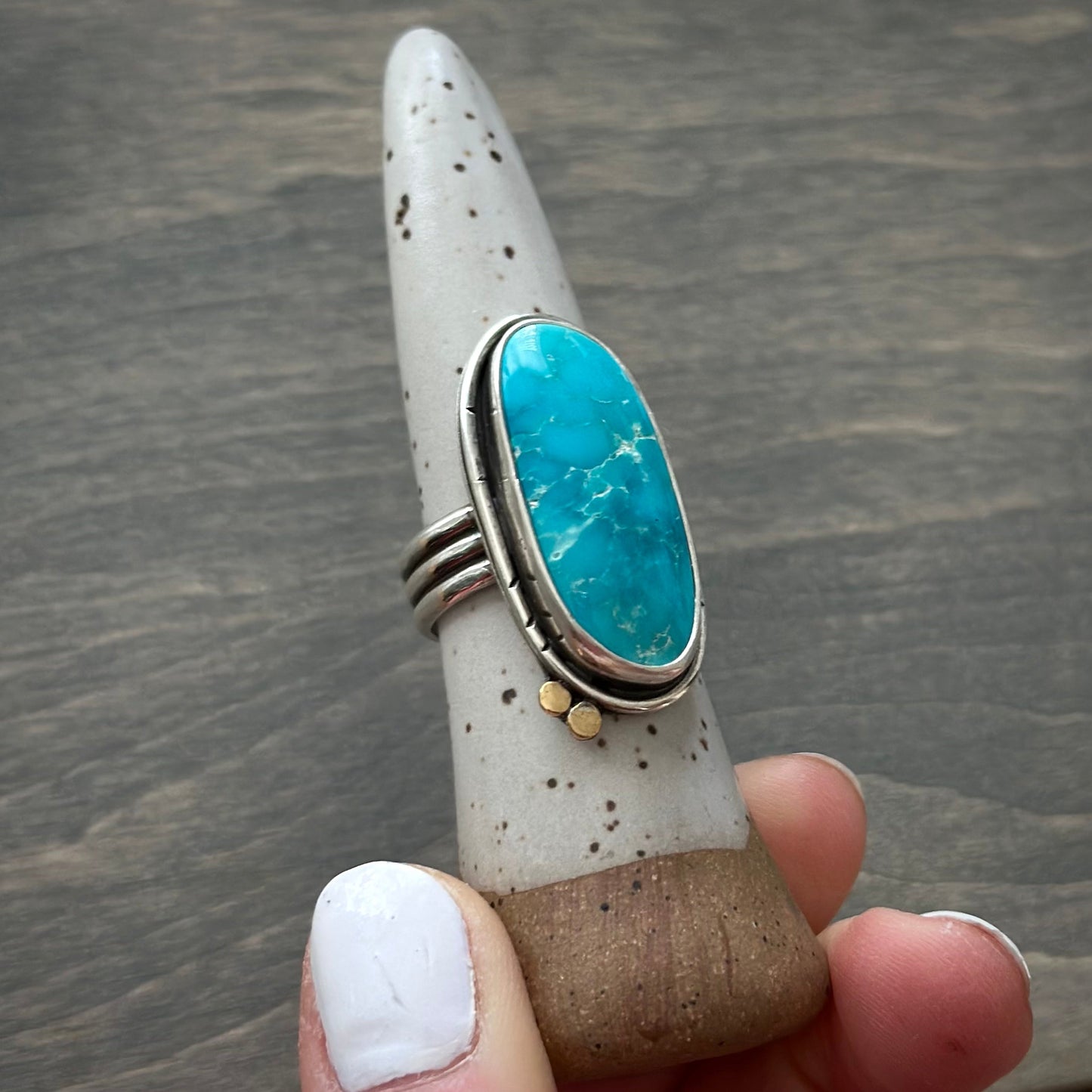 Aqua Blue Fox Turquoise Ring with Brass Elements size 8.75