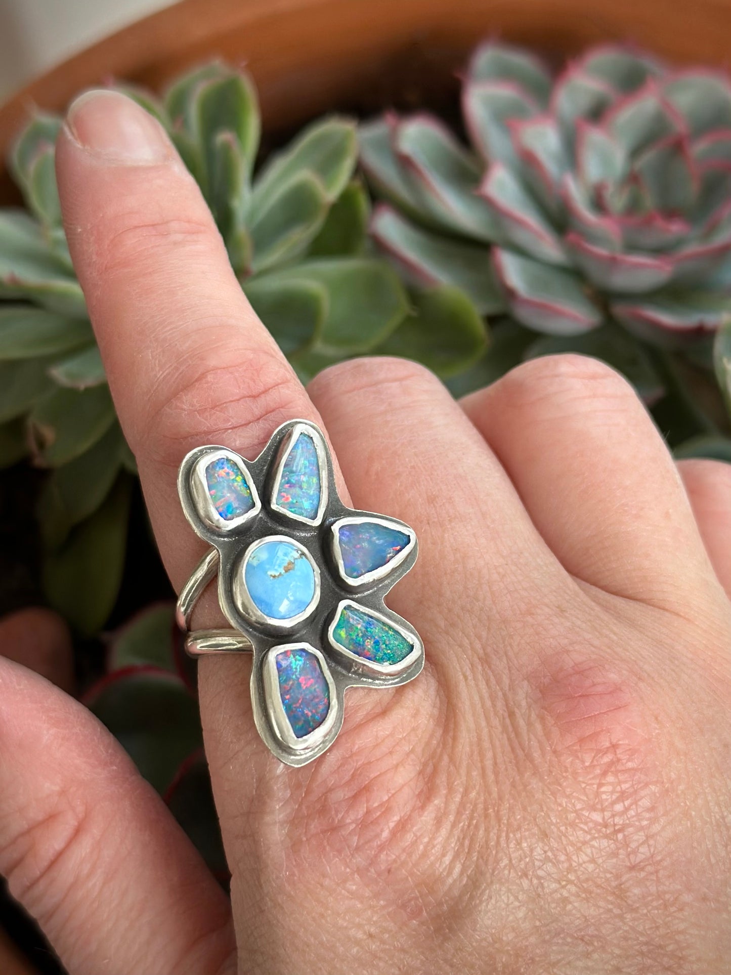 Coober Pedy Opal Half Flower Ring in size 8-1/2