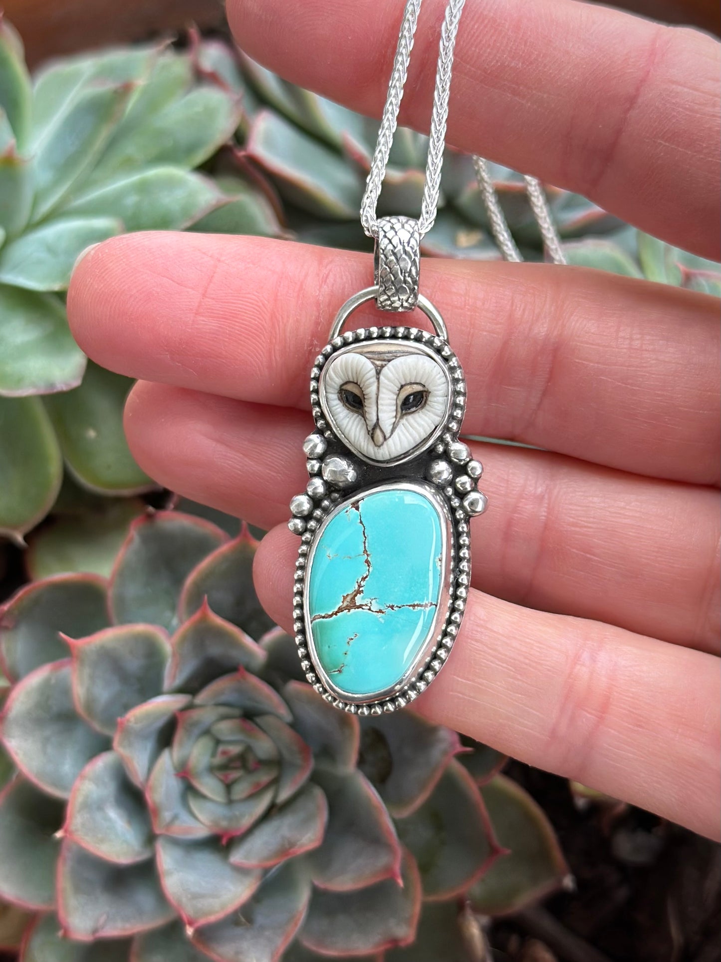 Royston Turquoise + Laura Mears Owl Face Pendant