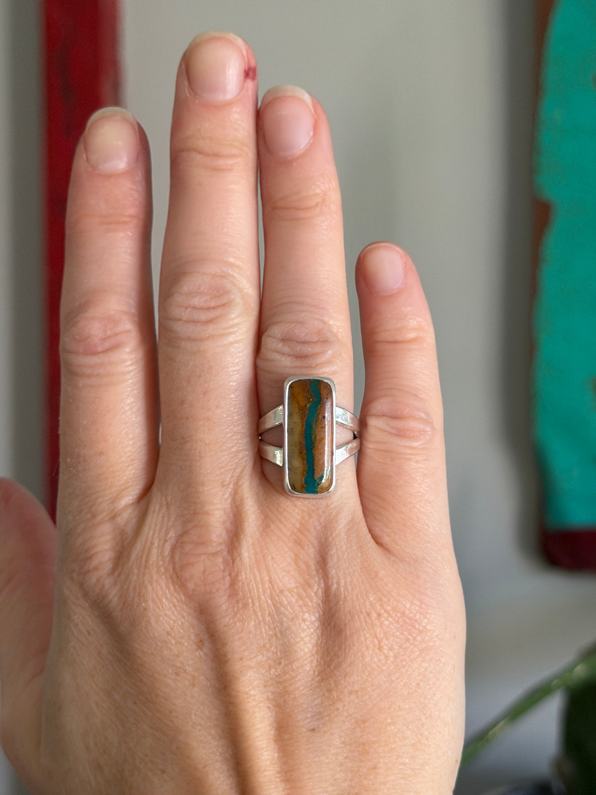 Royston Ribbon Turquoise Split Band Ring in size 7.25 + 7.75