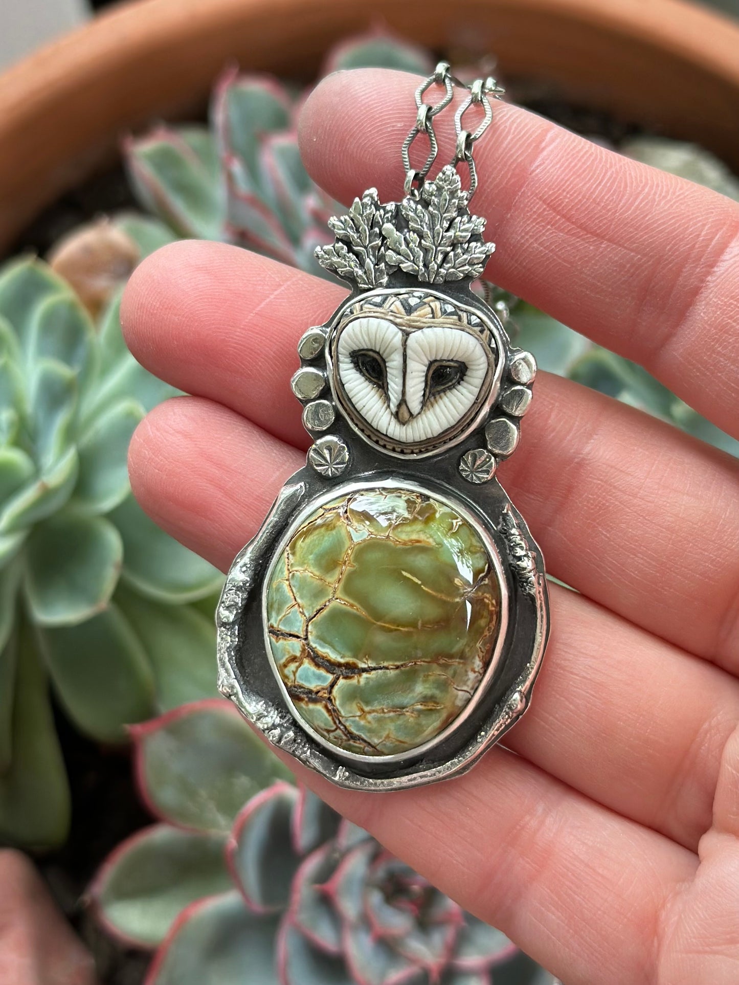 Desert Bloom Variscite Laura Mears Owl Pendant Necklace