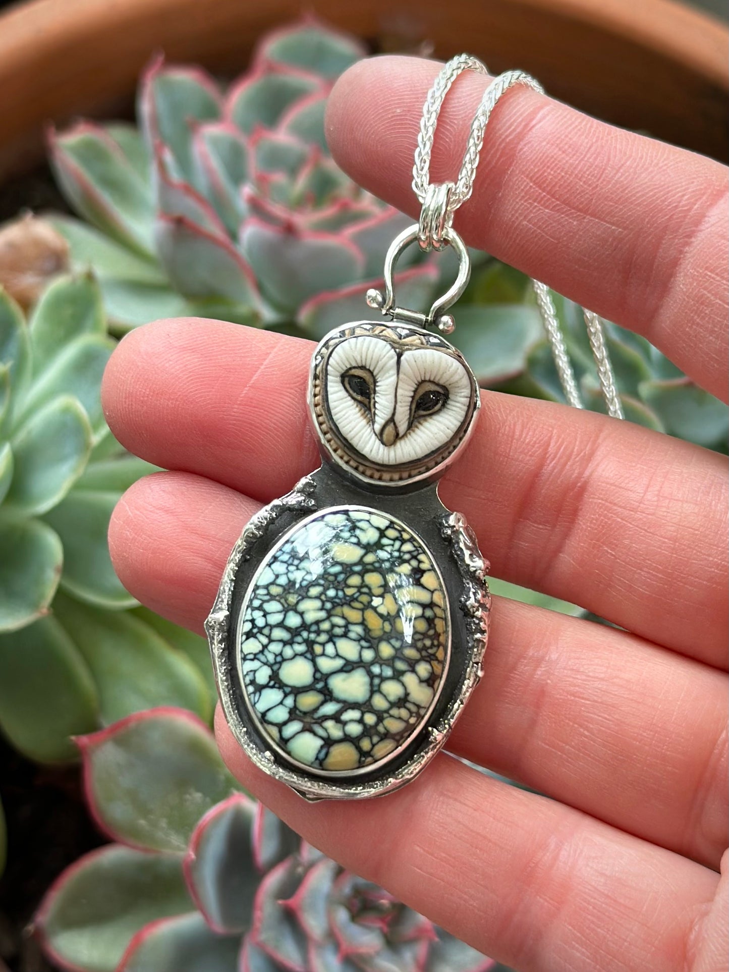 New Lander Variscite Laura Mears Owl Pendant