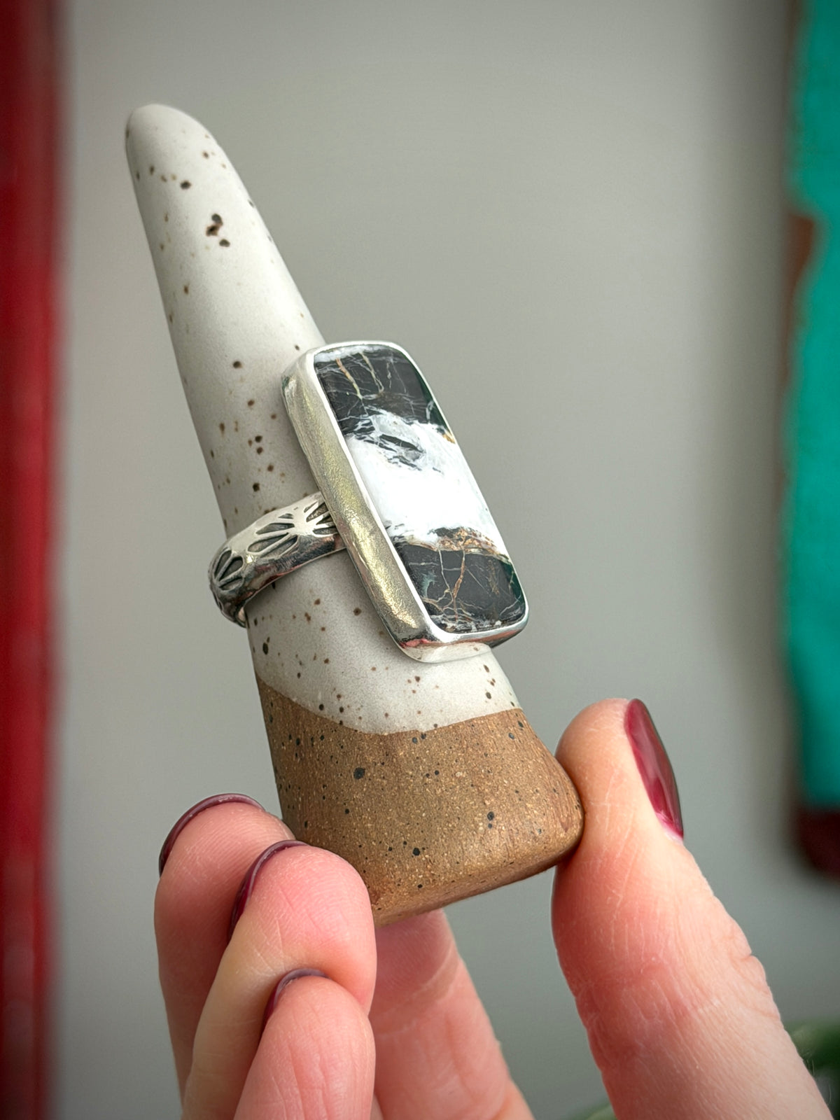 White Buffalo Rectangle Ring size 10 STAMPED BAND