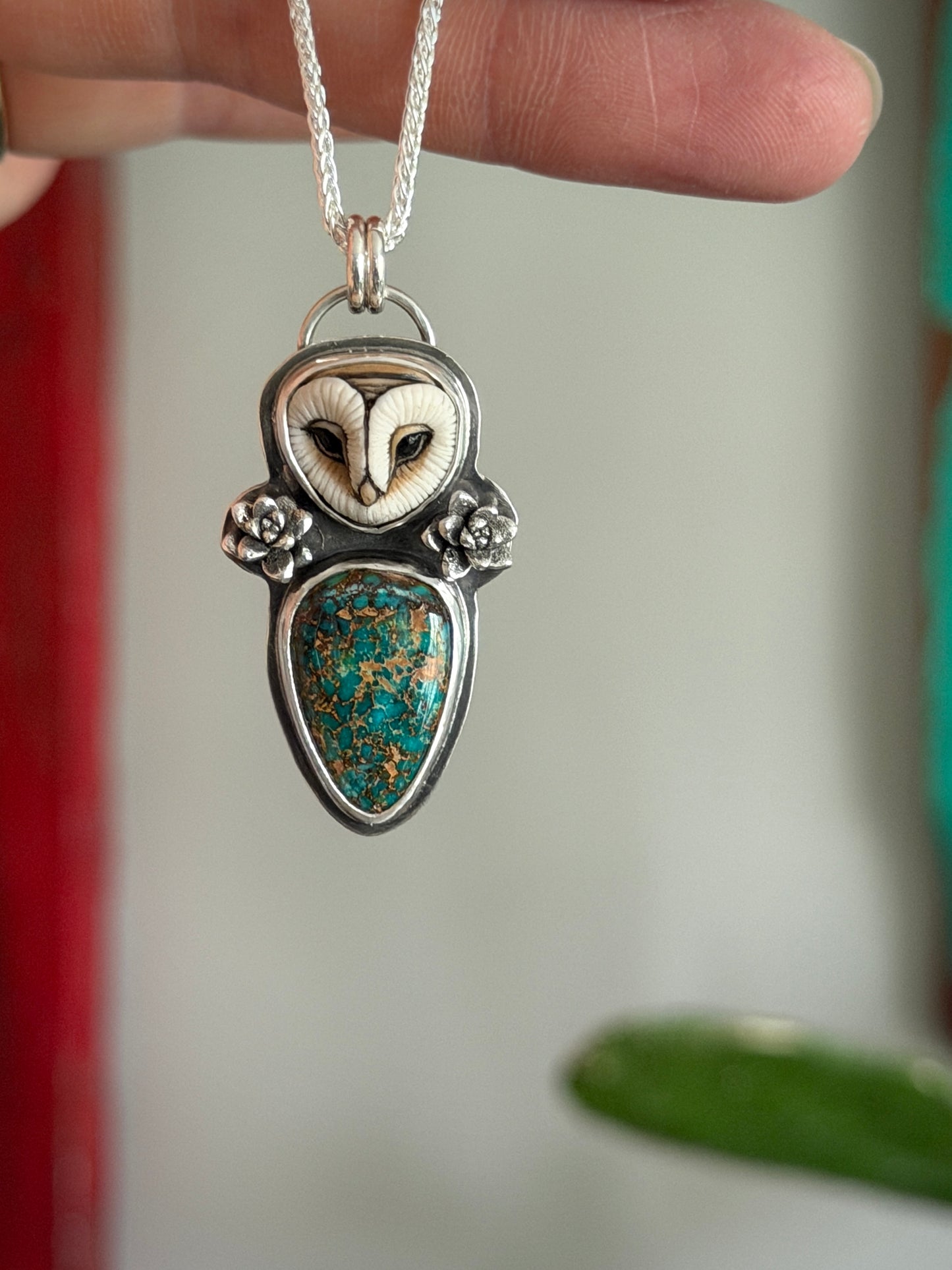 Patagonia Turquoise Laura Mears Owl Pendant with Succulents in Green