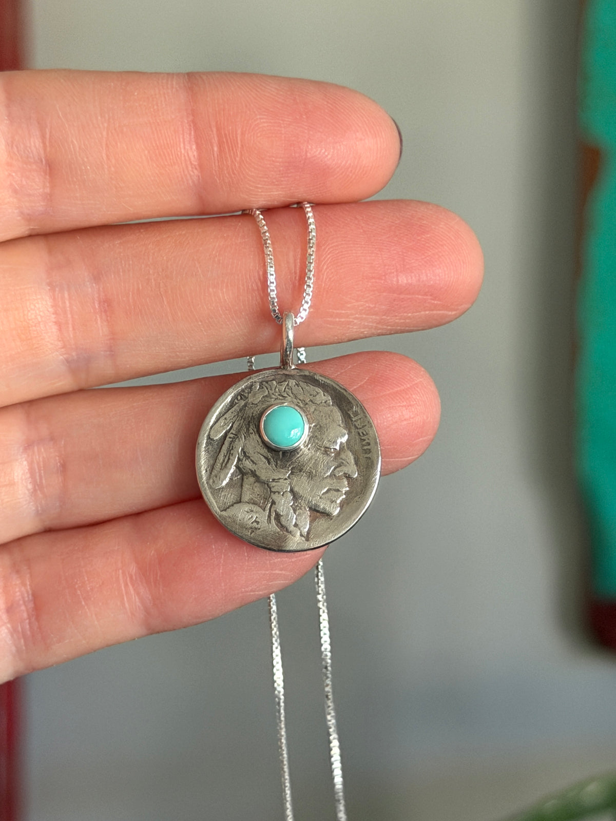 Indian Head Buffalo Nickel Fox Turquoise Necklace 1923