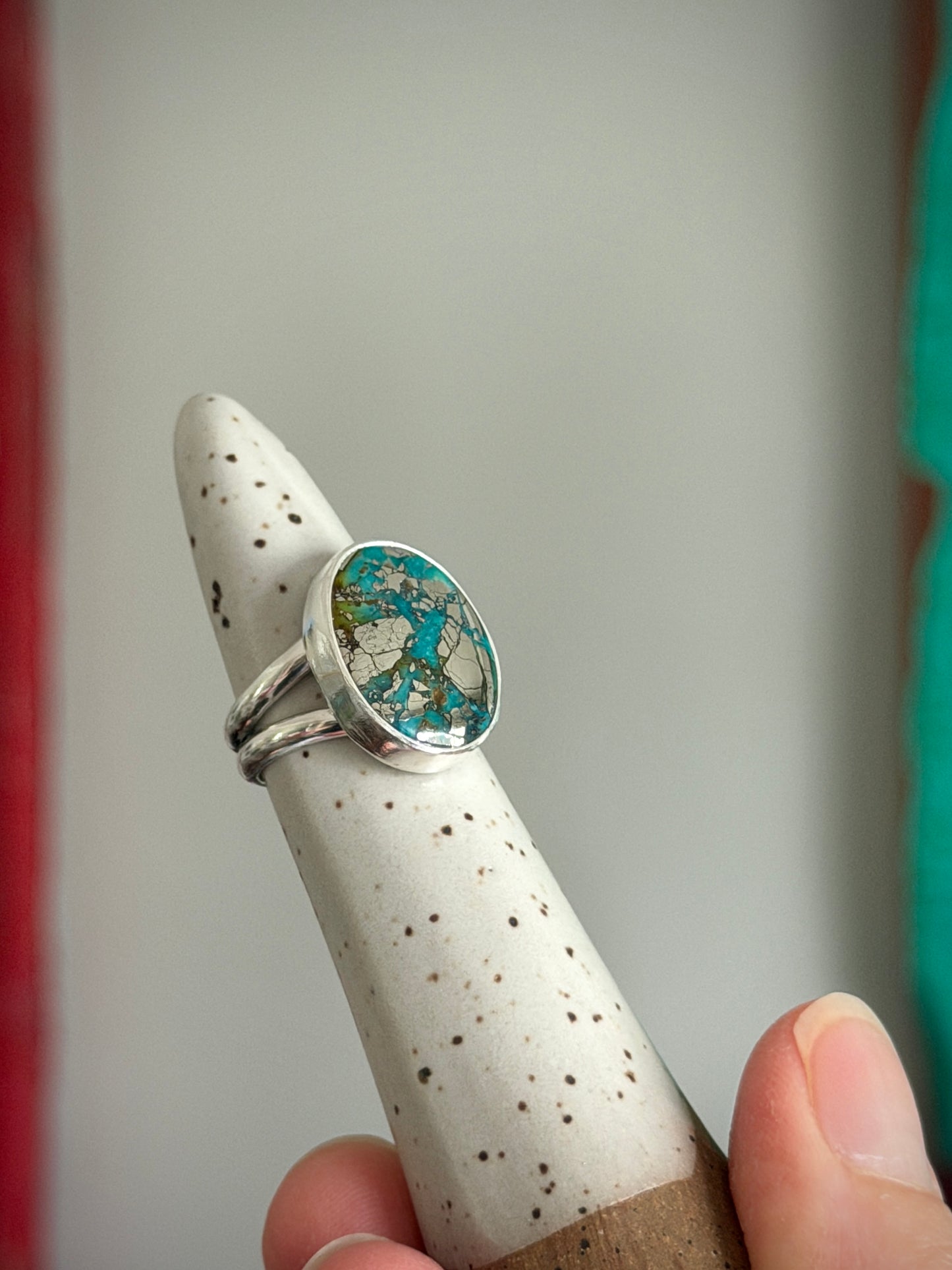 Morenci 2 Turquoise Ring with Pyrite size 4.75
