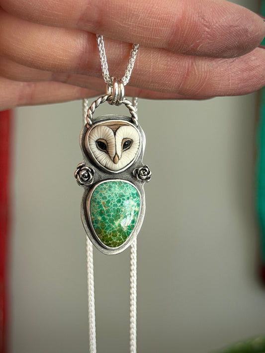 Natural Kingman Turquoise Laura Mears Owl Pendant with Succulents