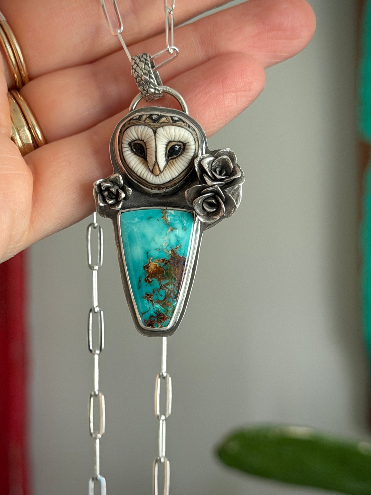 High Grade Royston Turquoise Laura Mears Owl Pendant with Succulents