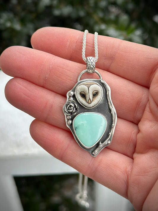 Small Minty Desert Bloom Variscite + Laura Mears Owl Face Pendant v3
