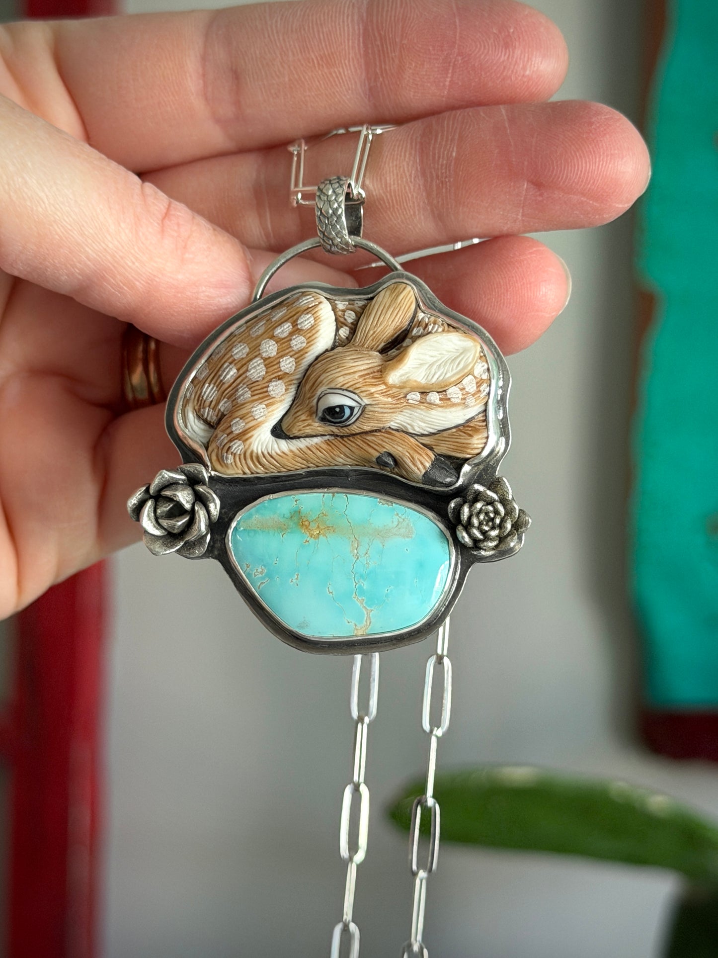 As Is Royston Turquoise Laura Mears Fawn Pendant with Succulents
