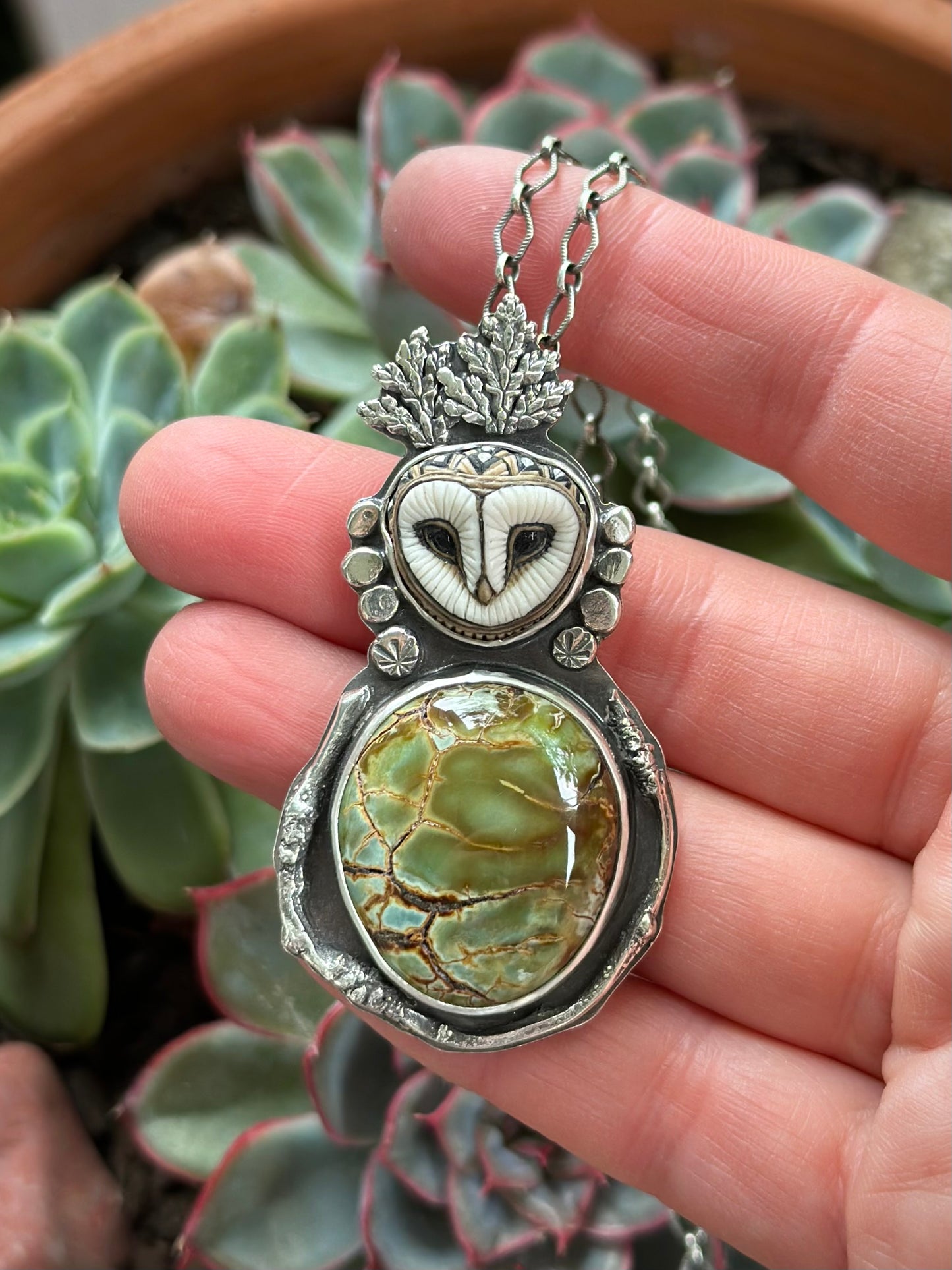 Desert Bloom Variscite Laura Mears Owl Pendant Necklace