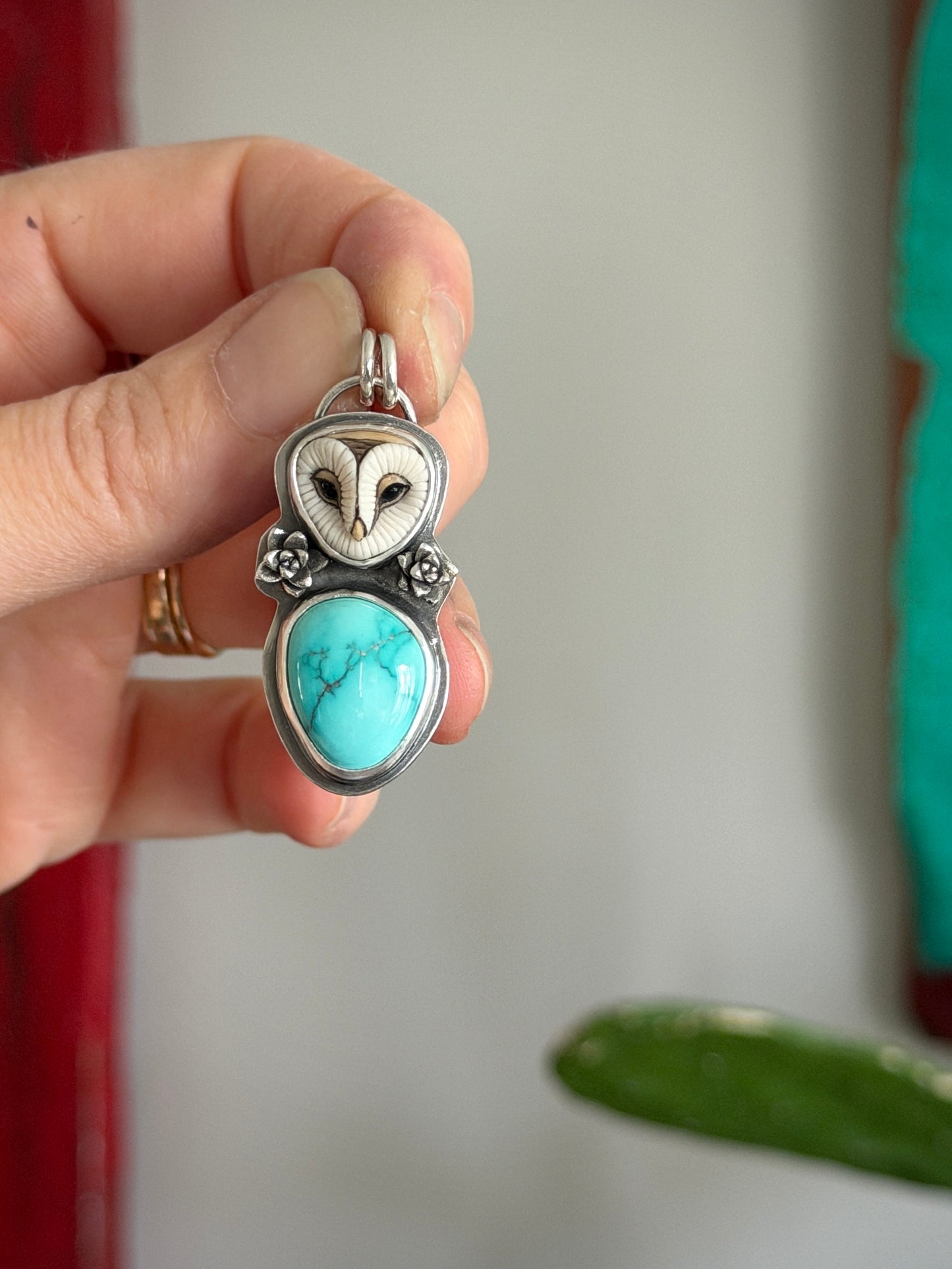 Lone Mountain Turquoise Laura Mears Owl Pendant with Succulents in Blue
